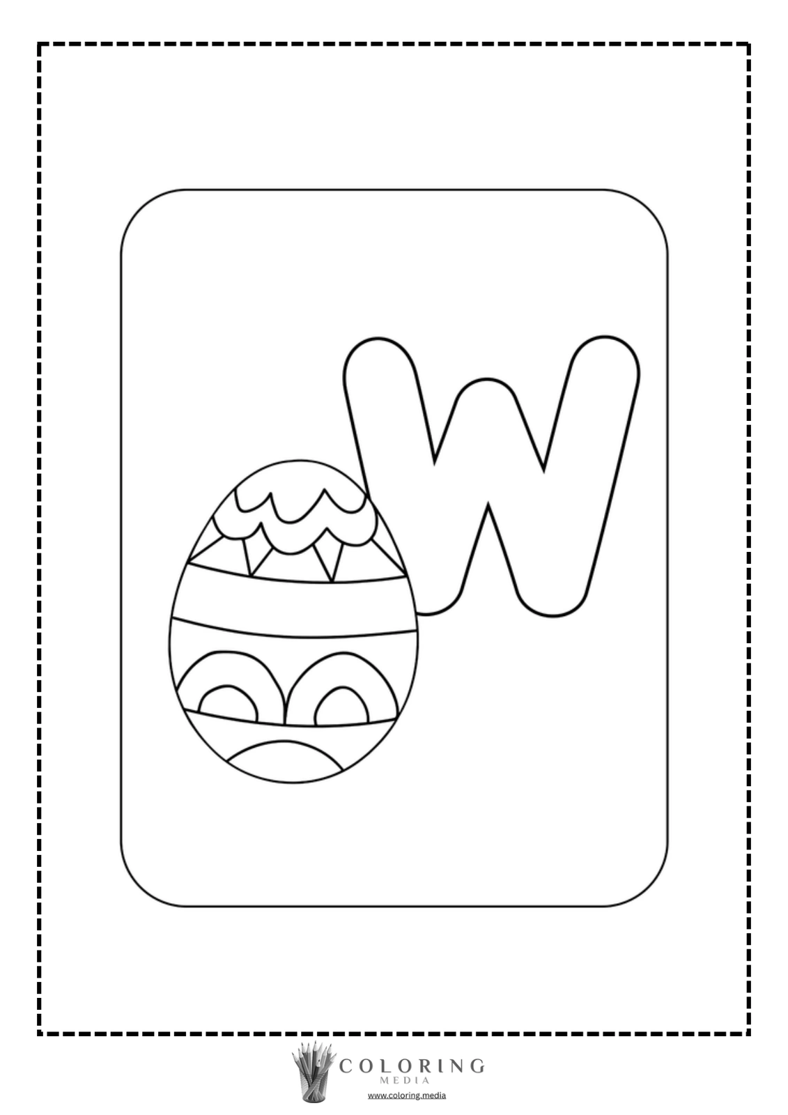 Coloring page featuring the letter "W" and a decorated egg.