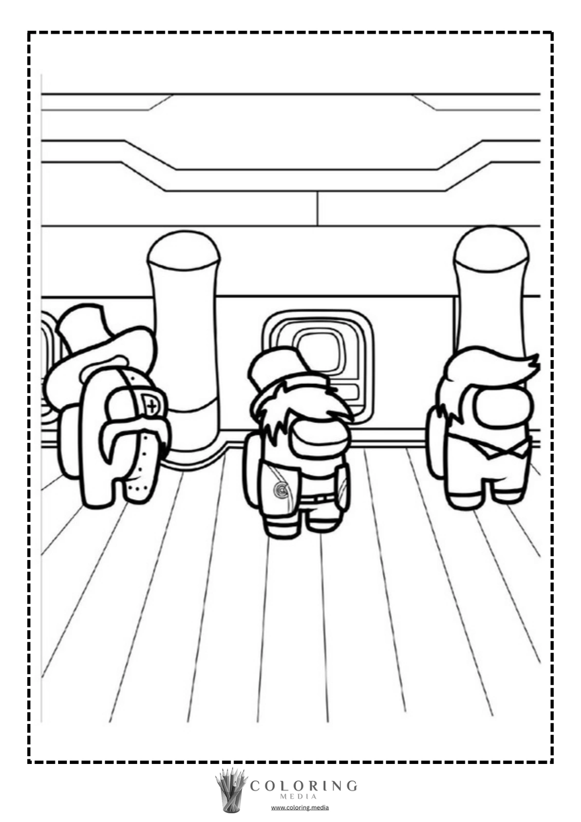 Three cartoon characters in a spaceship, each wearing unique hats and outfits.