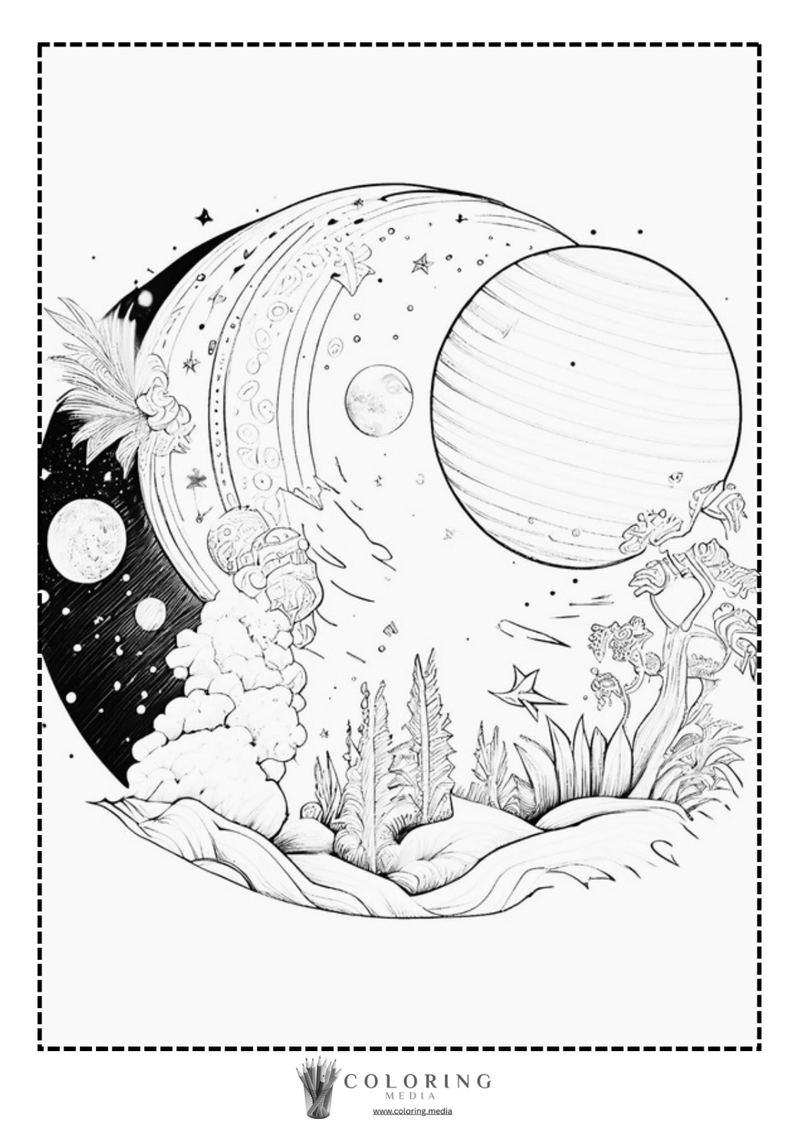 A whimsical space scene featuring planets, stars, and lush vegetation.