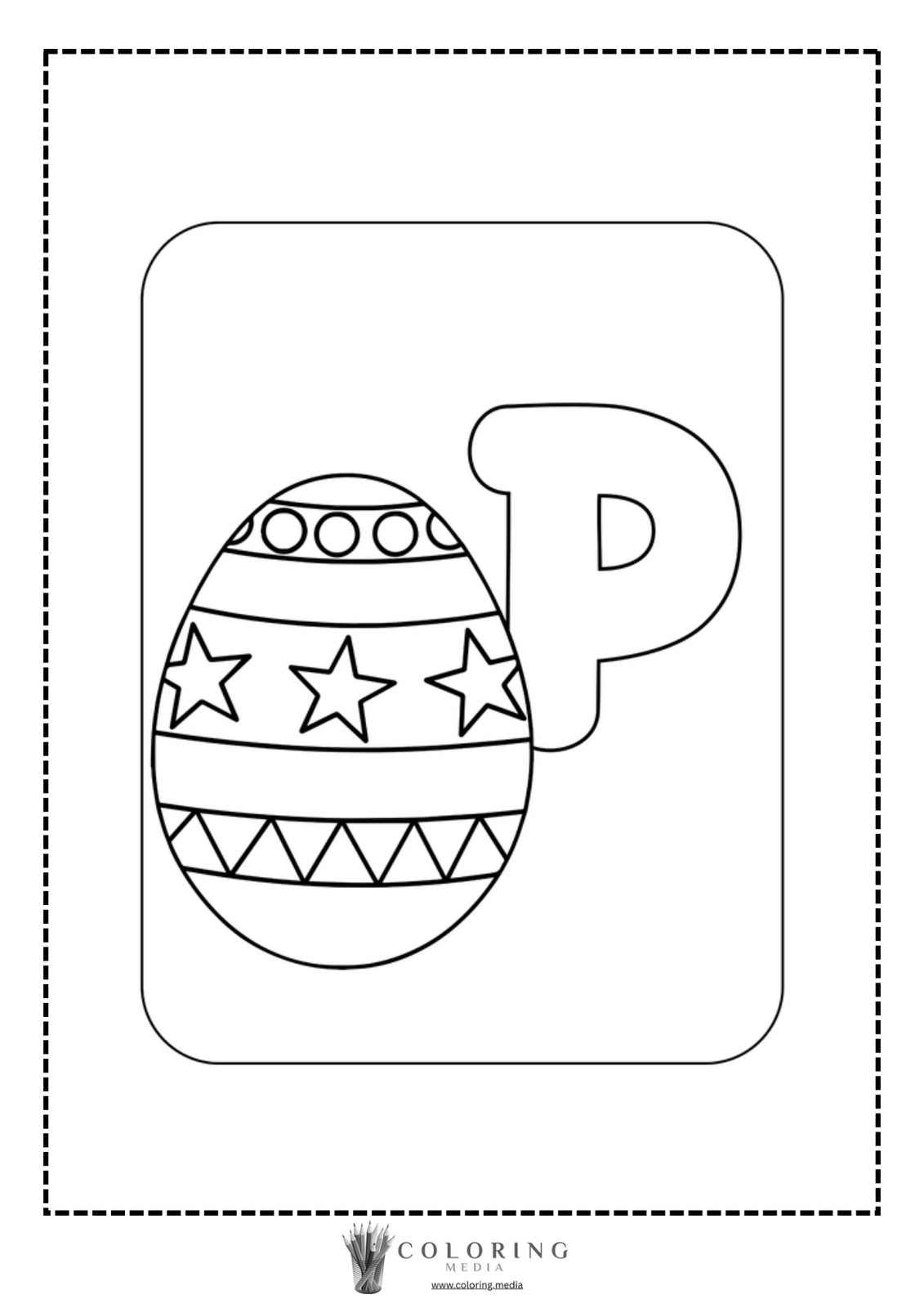 Coloring page featuring a decorated egg and the letter "P".