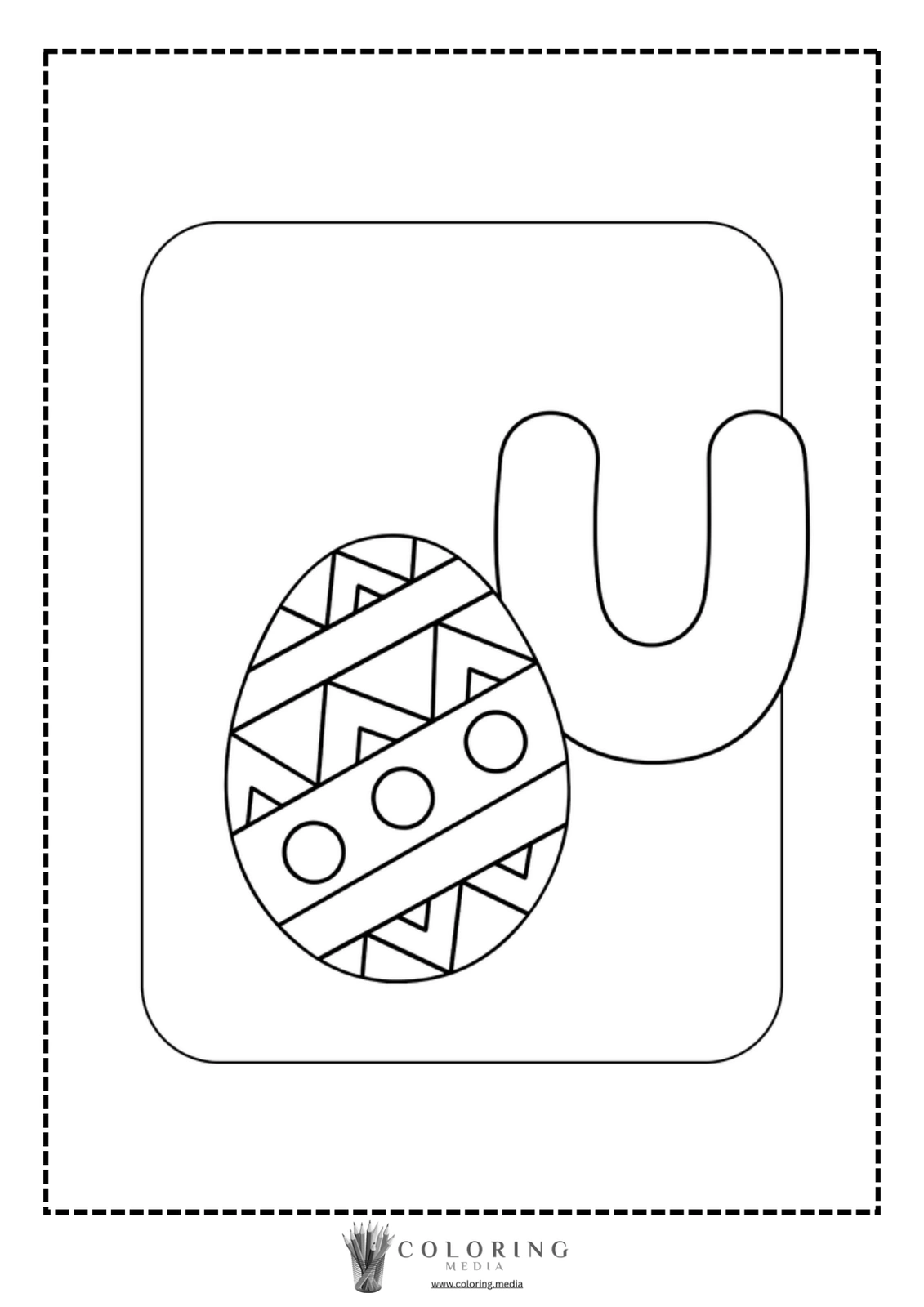 Coloring page featuring a decorated Easter egg and the letter "U."
