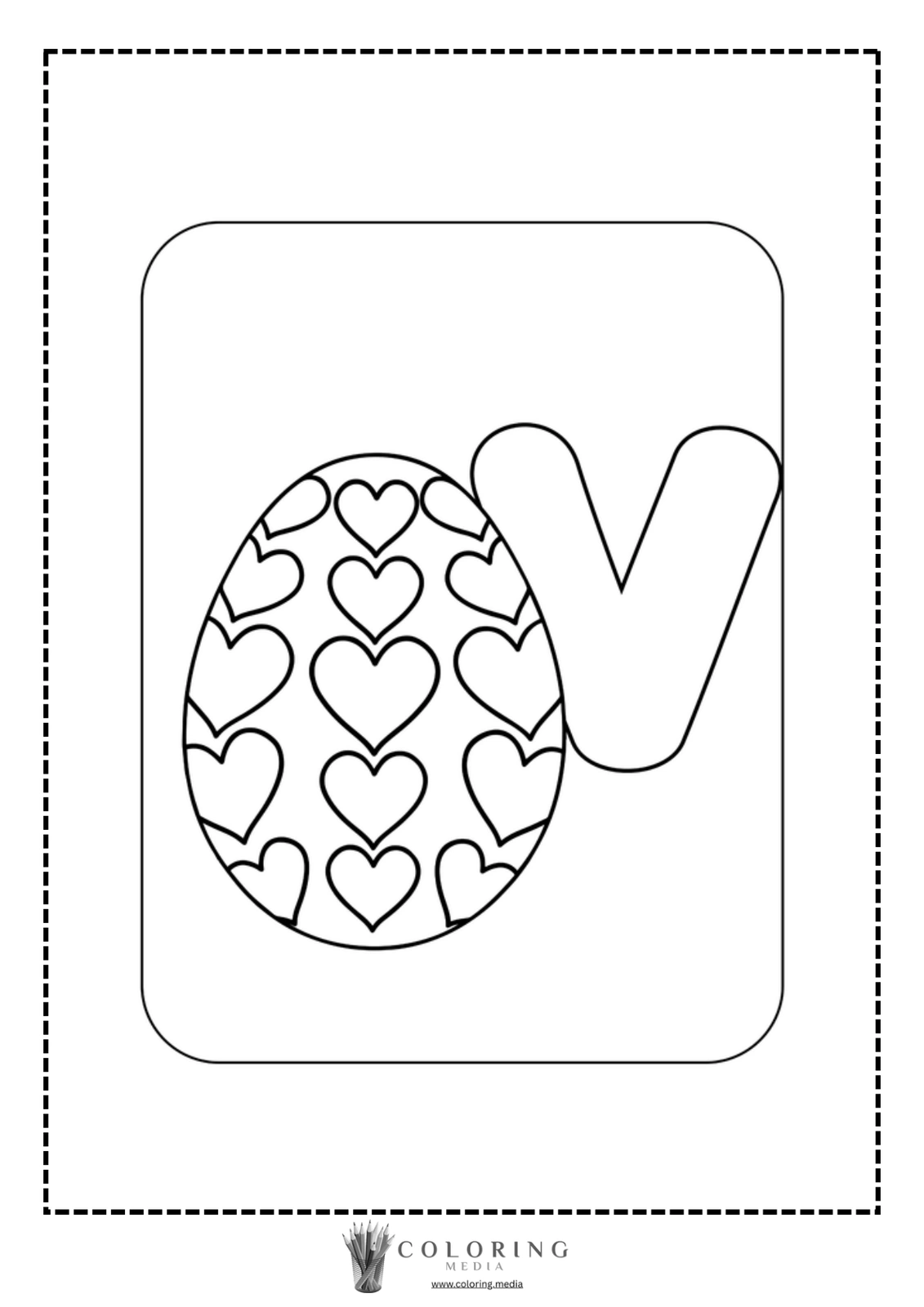 A coloring page featuring a heart-patterned egg and the letter "V."