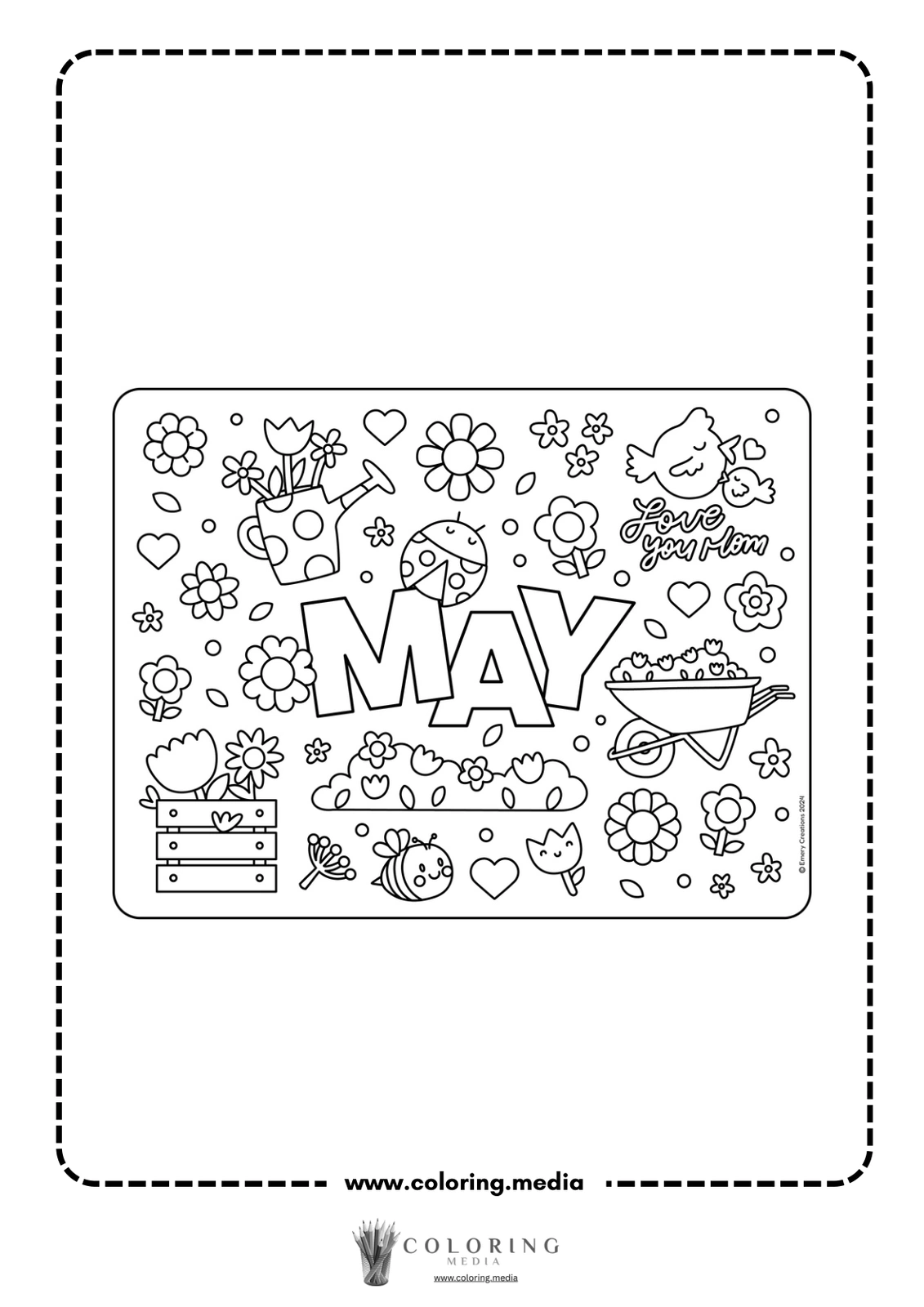 Coloring page featuring "MAY" surrounded by flowers, gardening tools, and playful designs.