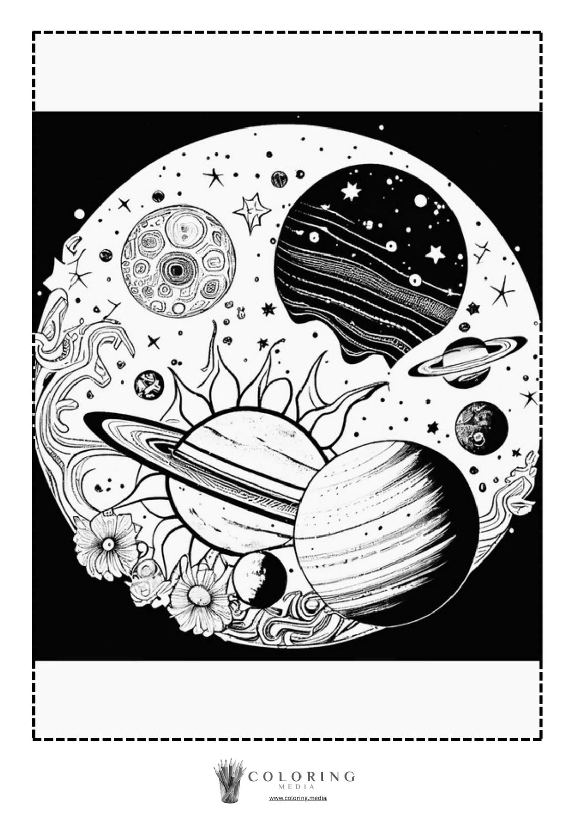 A whimsical illustration of planets, stars, and flowers in a cosmic scene.