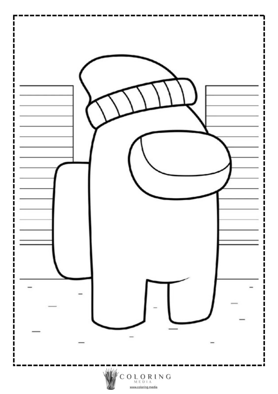 A cartoon character wearing a beanie stands against a lined background.