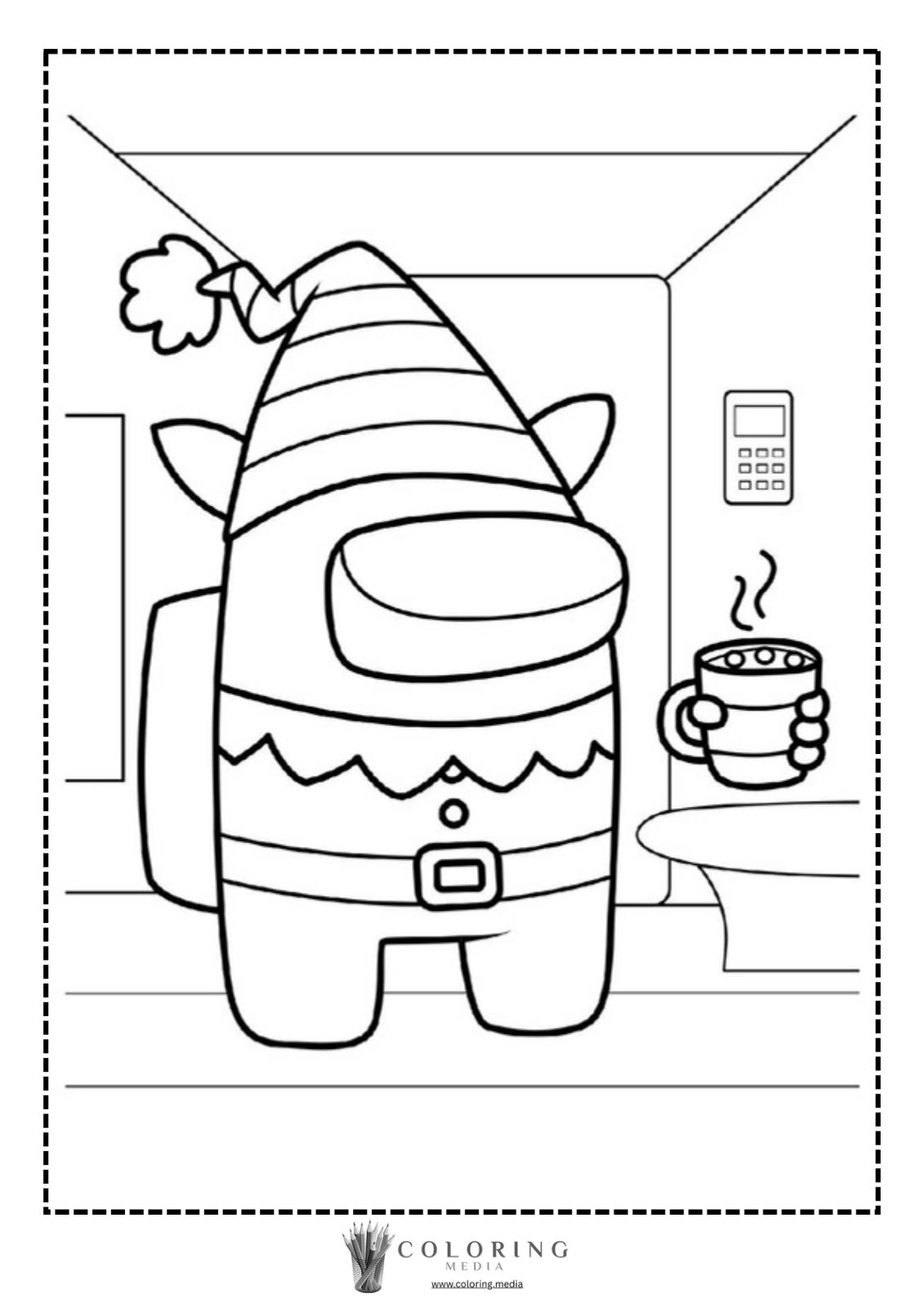 A character in a festive hat holds a steaming mug in a cozy room.