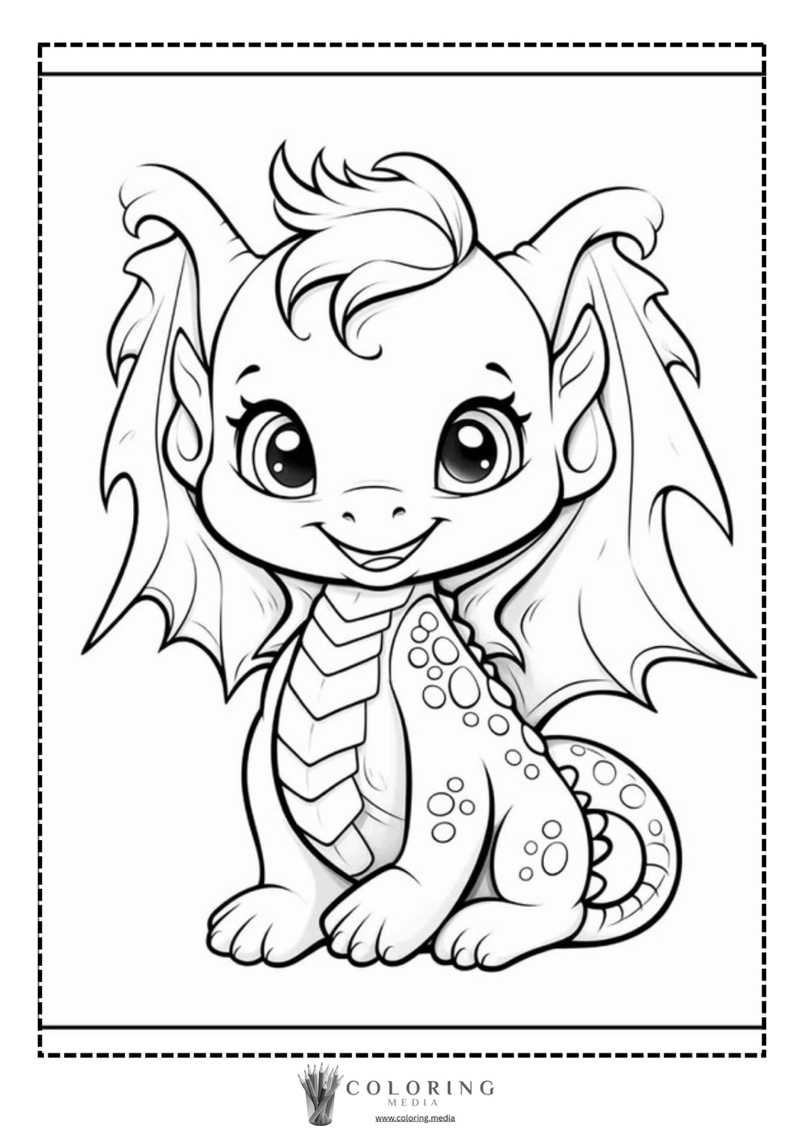 A cute, cartoon dragon smiles, ready for coloring.