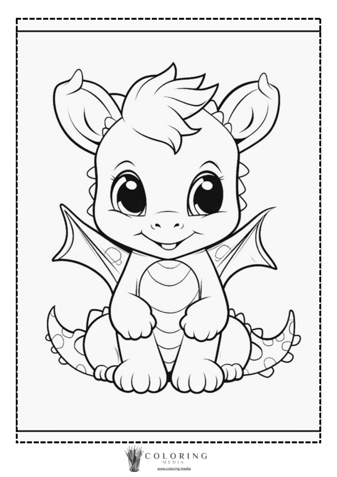 A cute cartoon dragon sits smiling, ready for coloring.