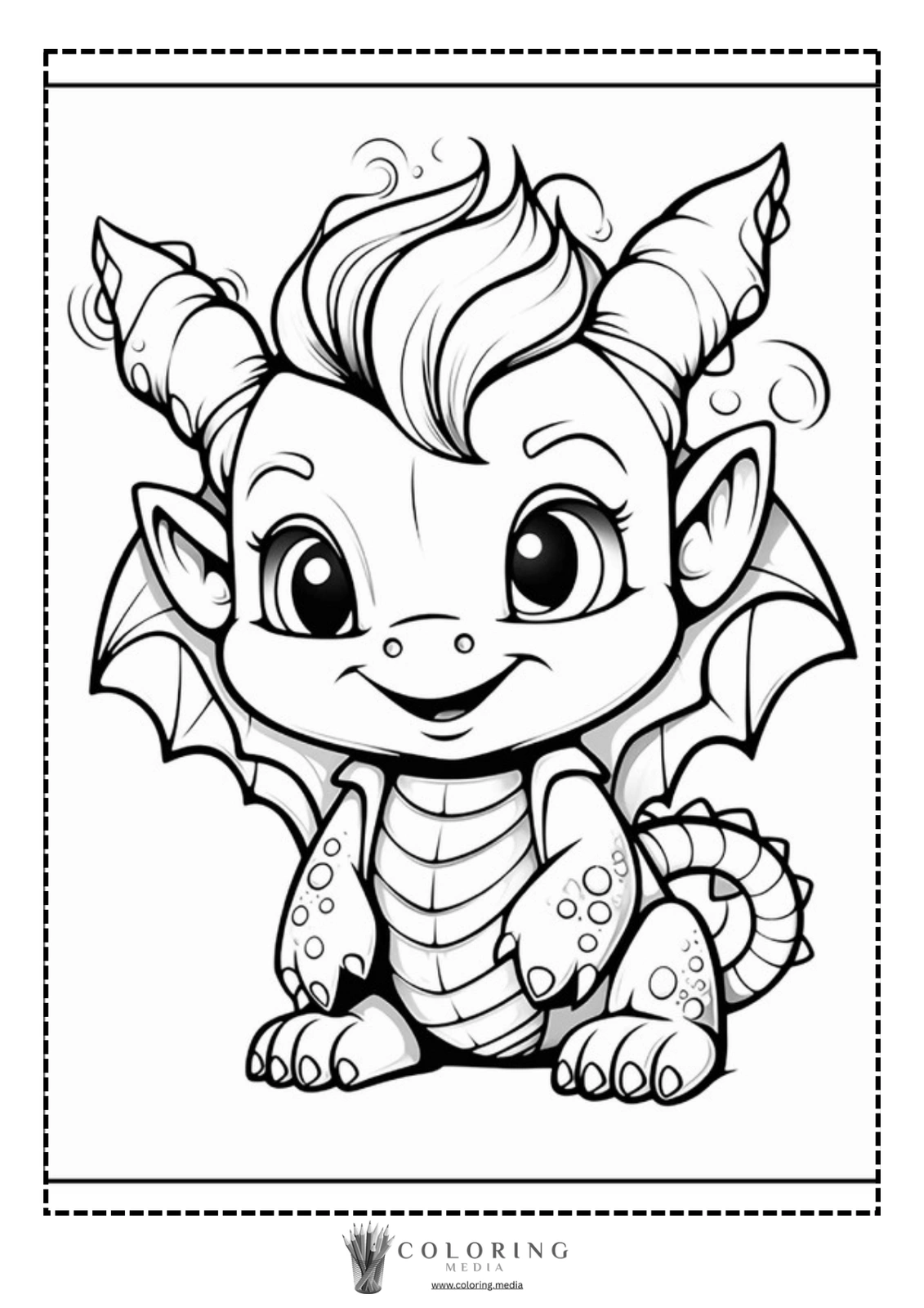 A cute cartoon dragon character smiles, ready for coloring.