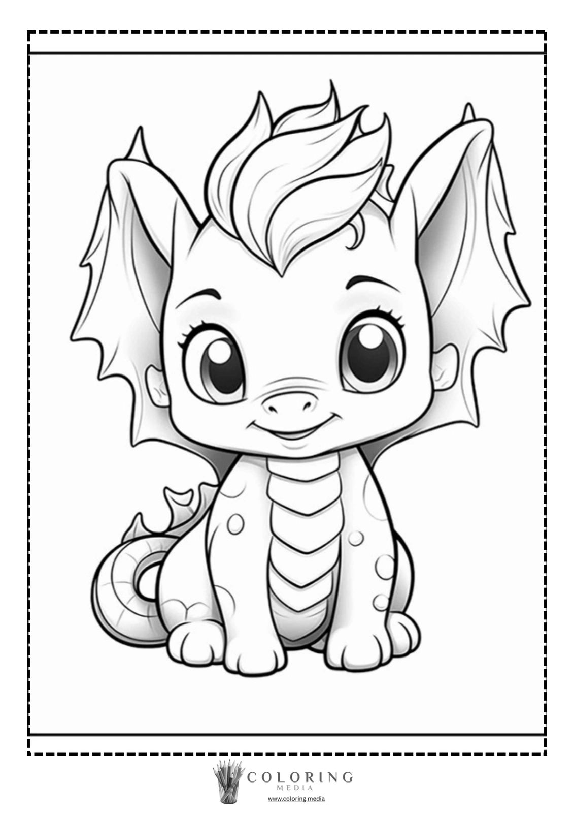 A cute cartoon dragon with big eyes and a friendly smile, sitting happily.
