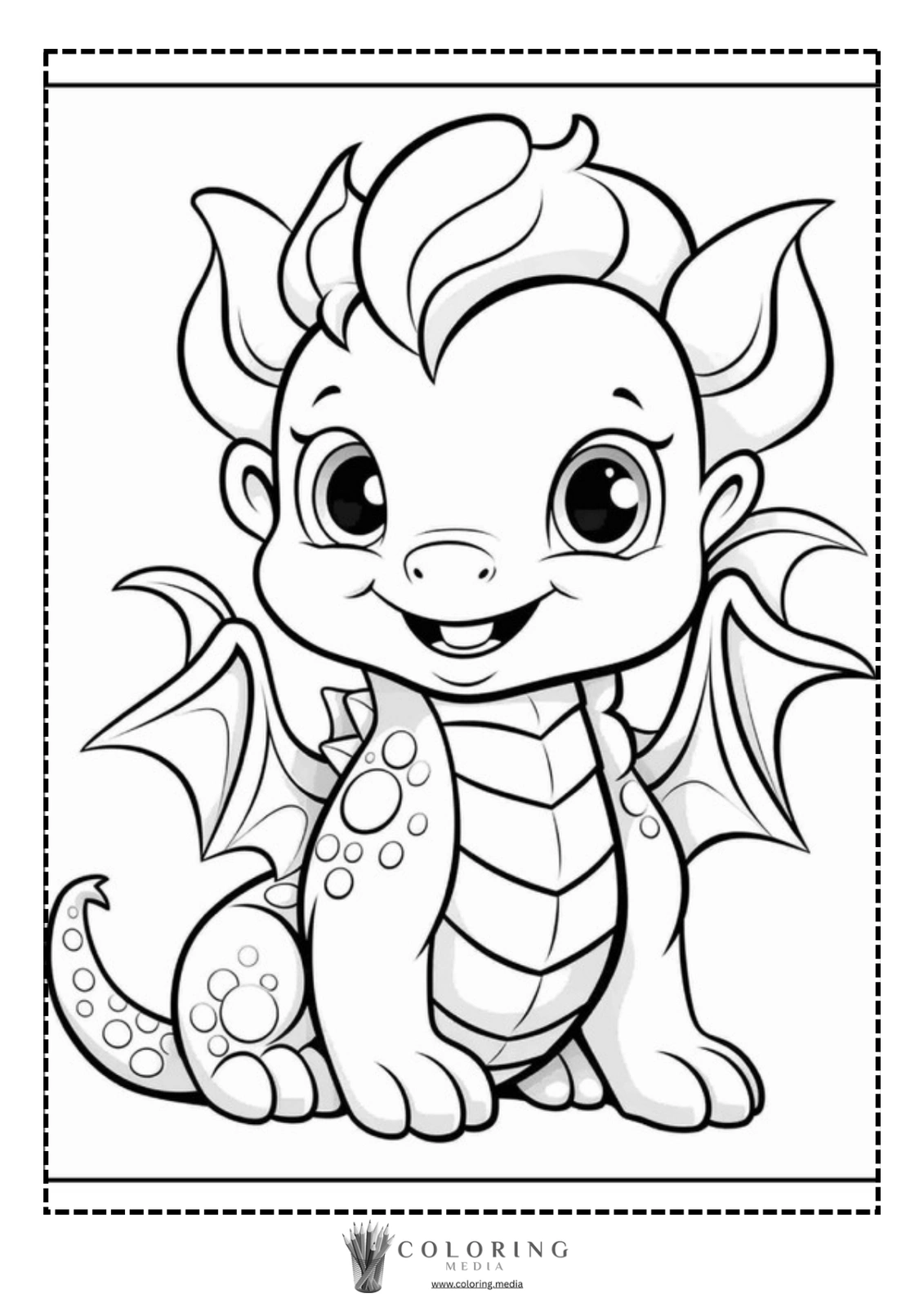 A cute cartoon dragon with big eyes and small wings, smiling happily.