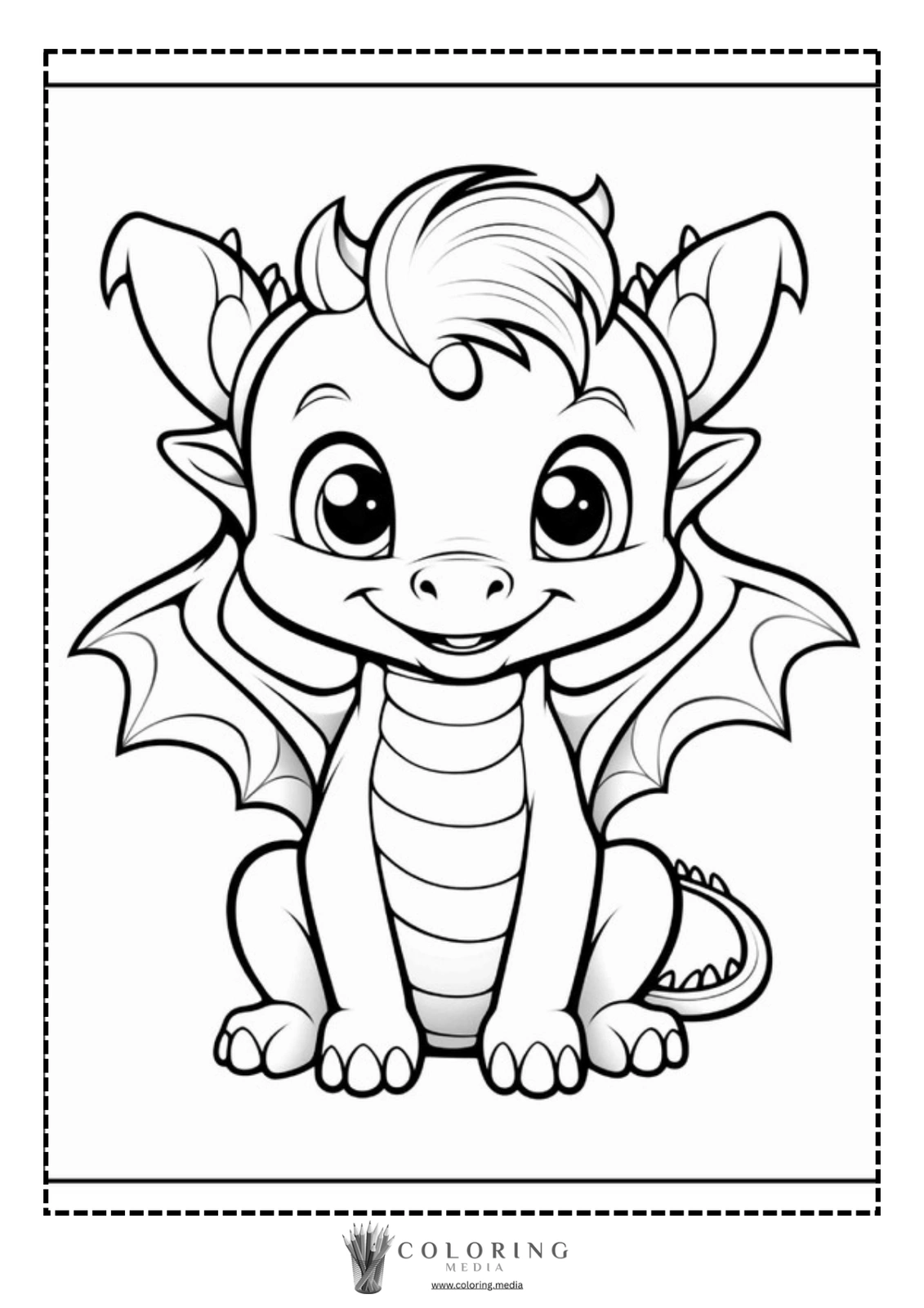A cute cartoon dragon sits smiling, ready to be colored.