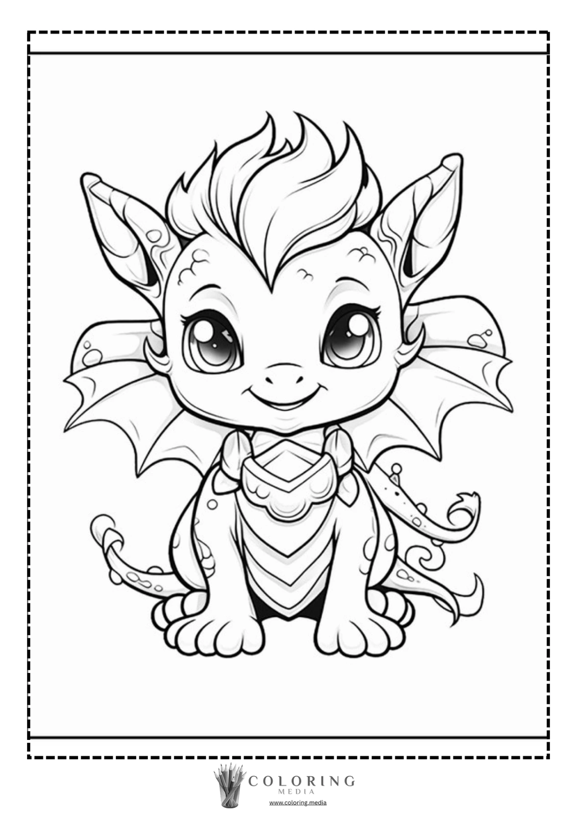 A cute, cartoon dragon character smiles, ready for coloring.