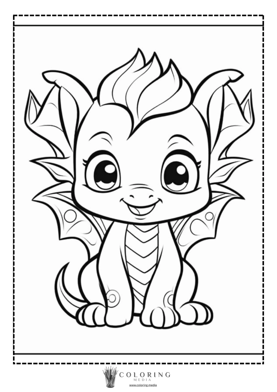 A cute cartoon dragon sits smiling, ready to be colored.