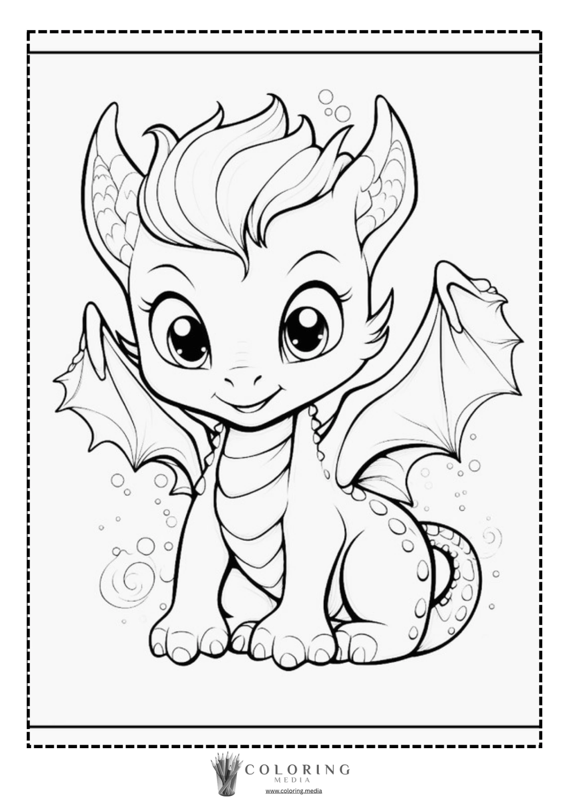 A cute cartoon dragon smiles, surrounded by bubbles, ready to be colored.