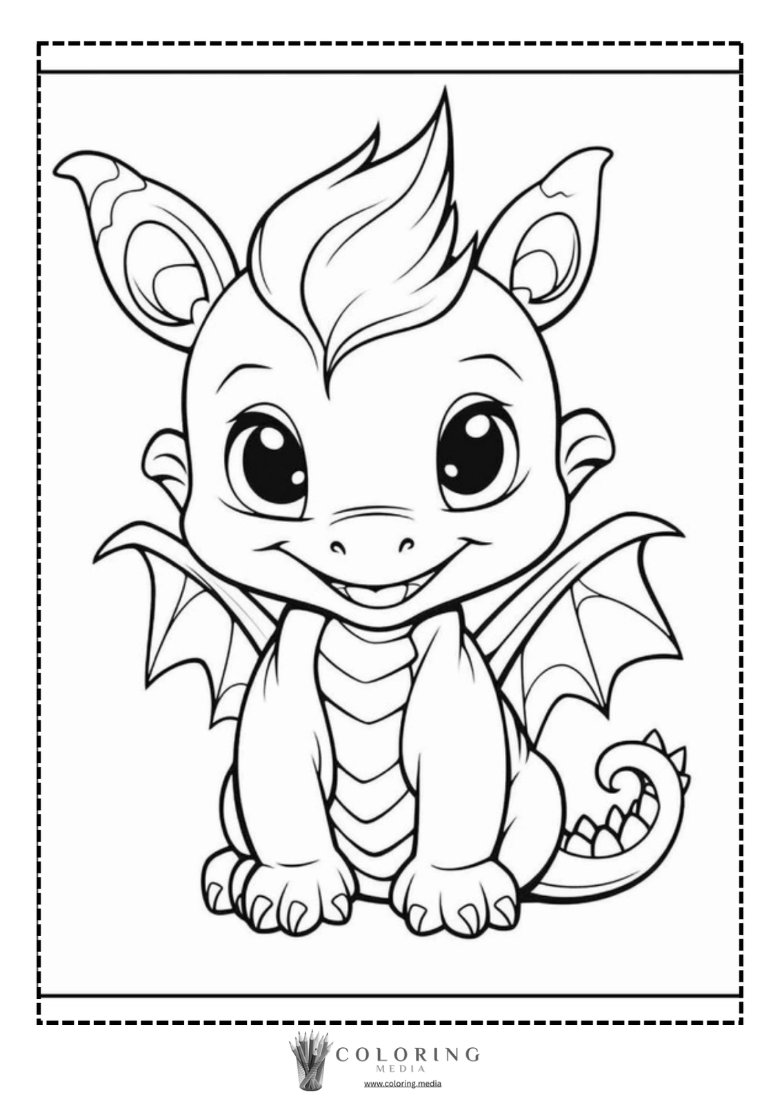 A cute cartoon dragon with big eyes and small wings smiles happily.
