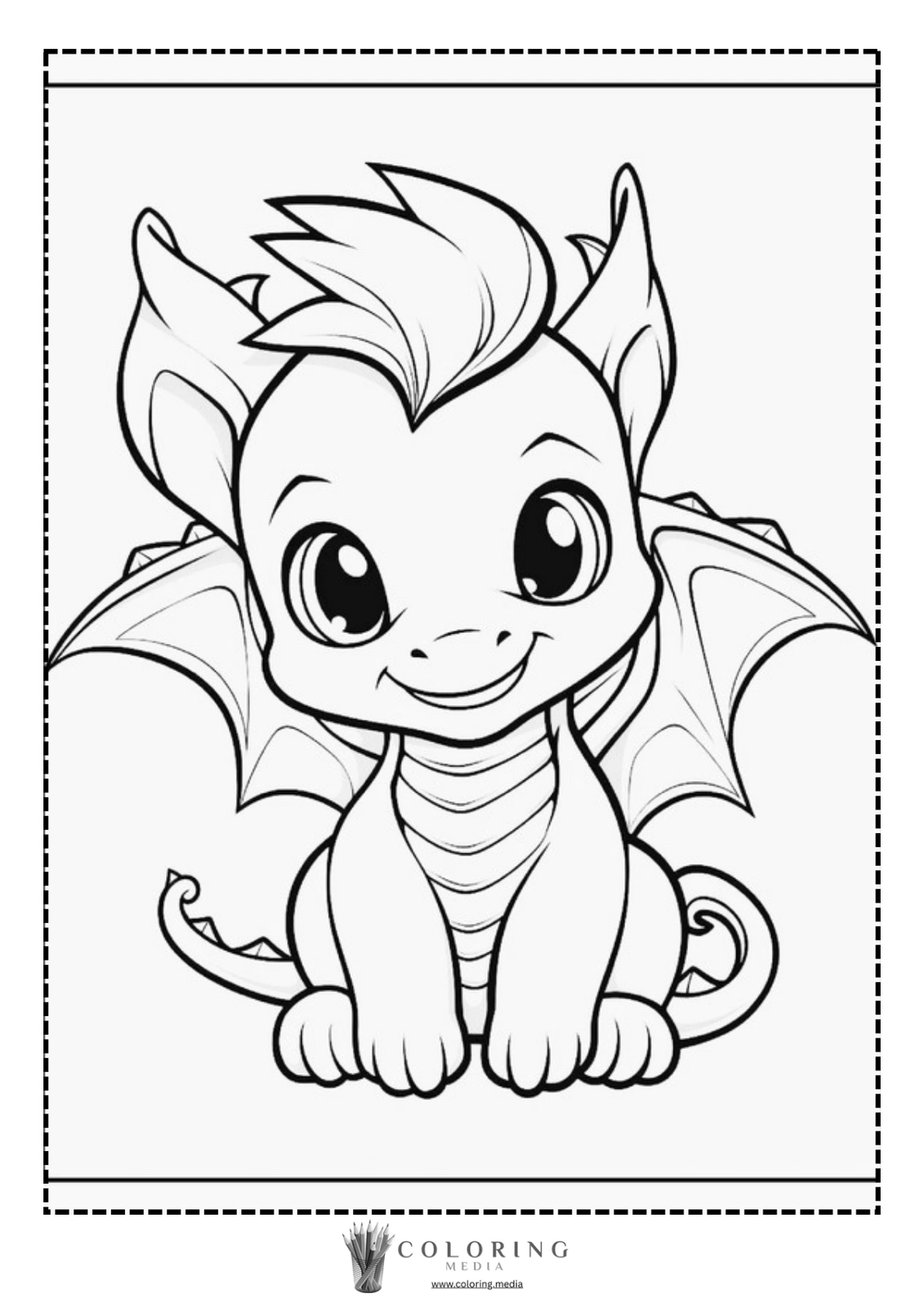 A cute cartoon dragon sits smiling, ready for coloring.