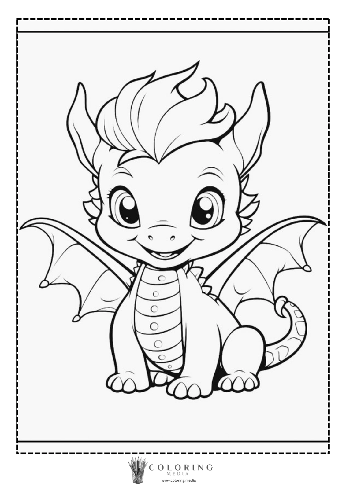 A cute, cartoon dragon with wings smiles happily, ready for coloring.