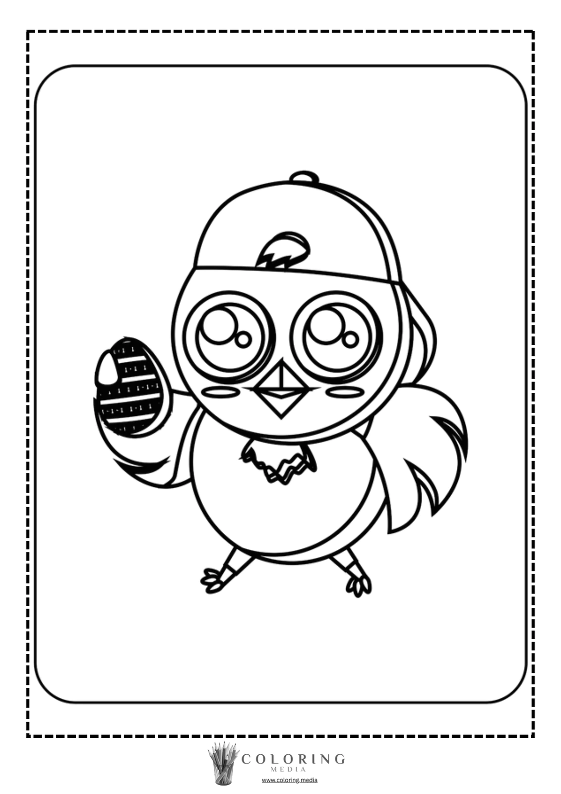 A cartoon bird wearing a cap holds a decorated cookie, smiling cheerfully.