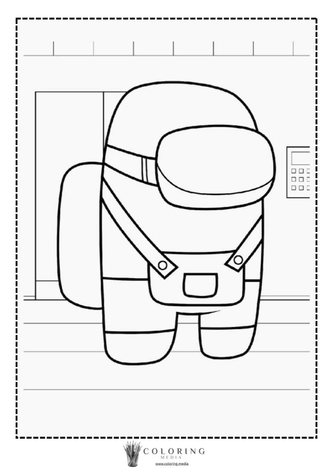 A cartoon character stands in an elevator, ready for coloring.