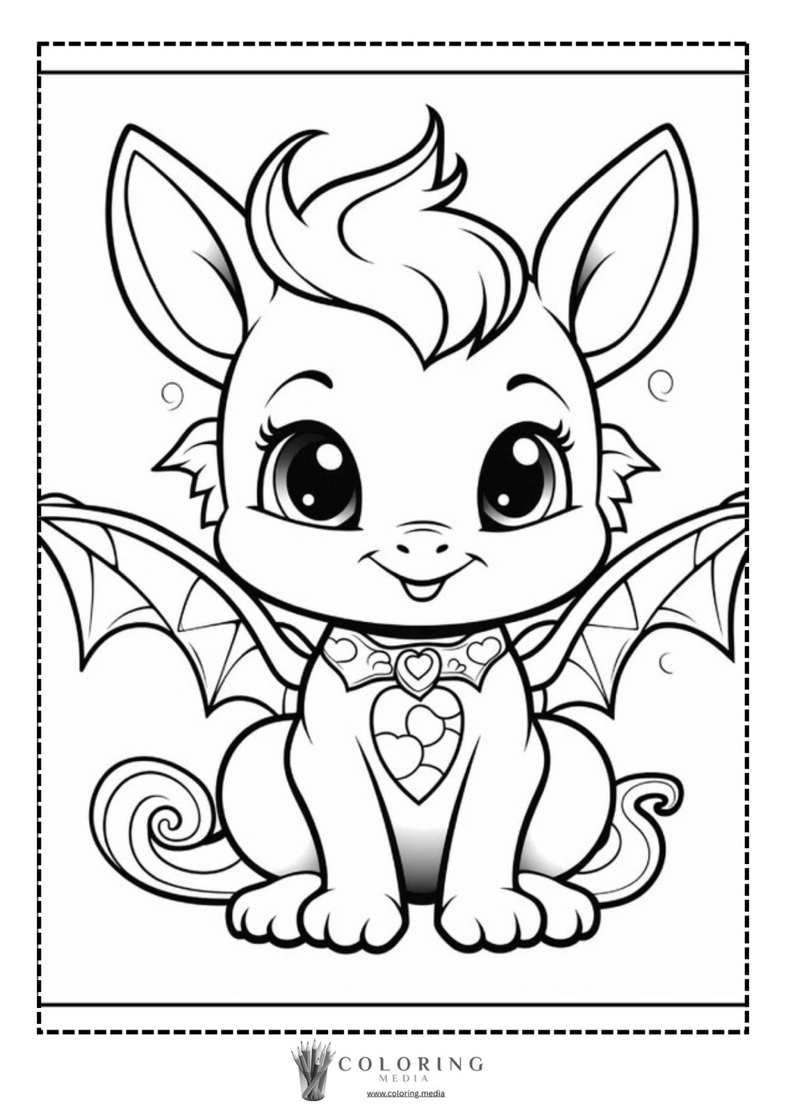 A cute dragon with wings and a heart necklace smiles happily.