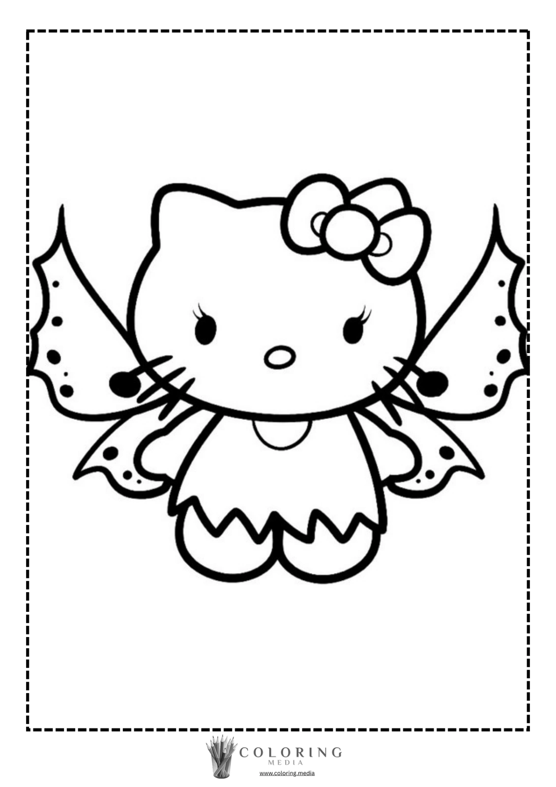 Hello Kitty with butterfly wings, standing cheerfully in a coloring page design.