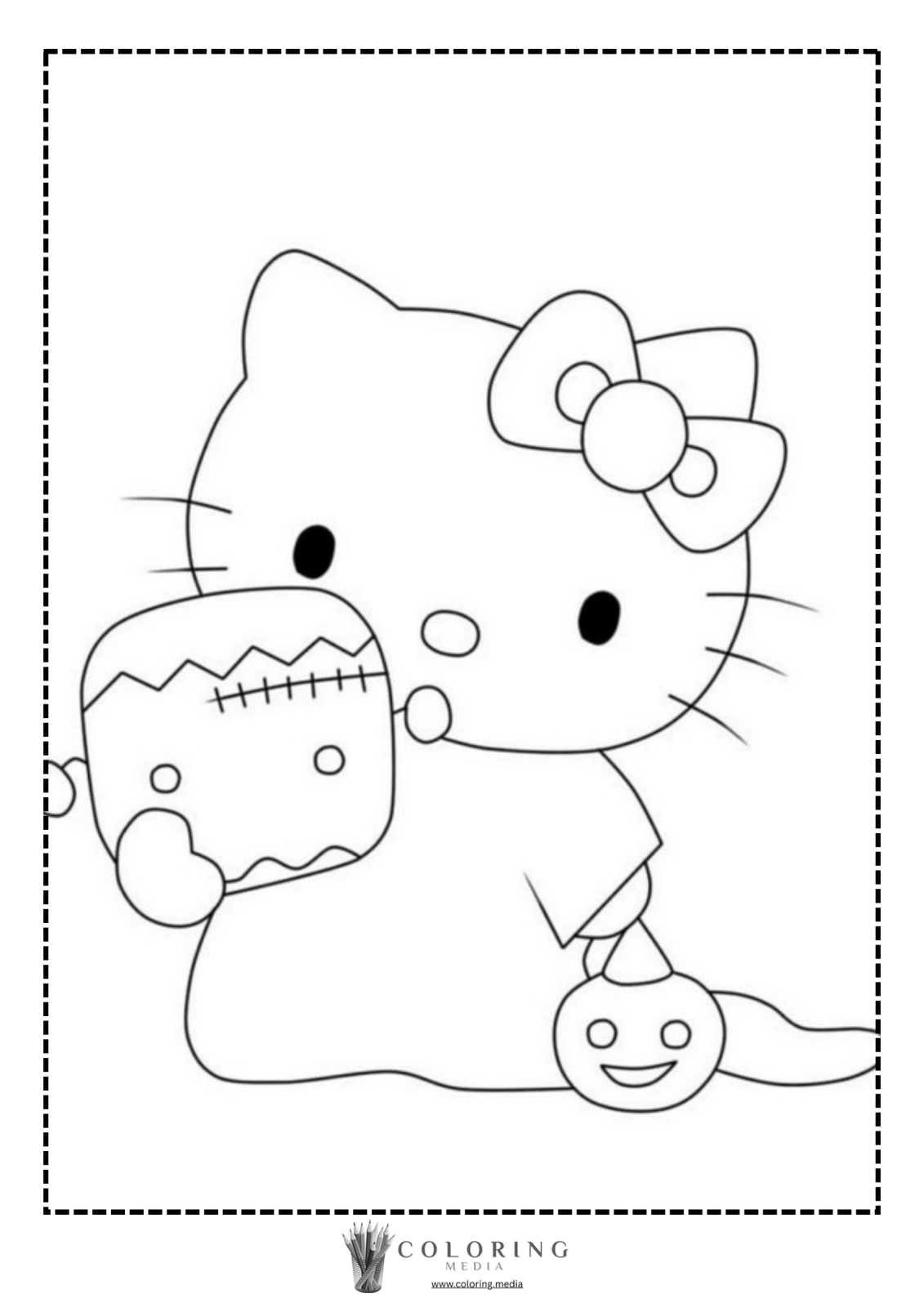 Hello Kitty holds a toy with a smiling face and a spooky mask.