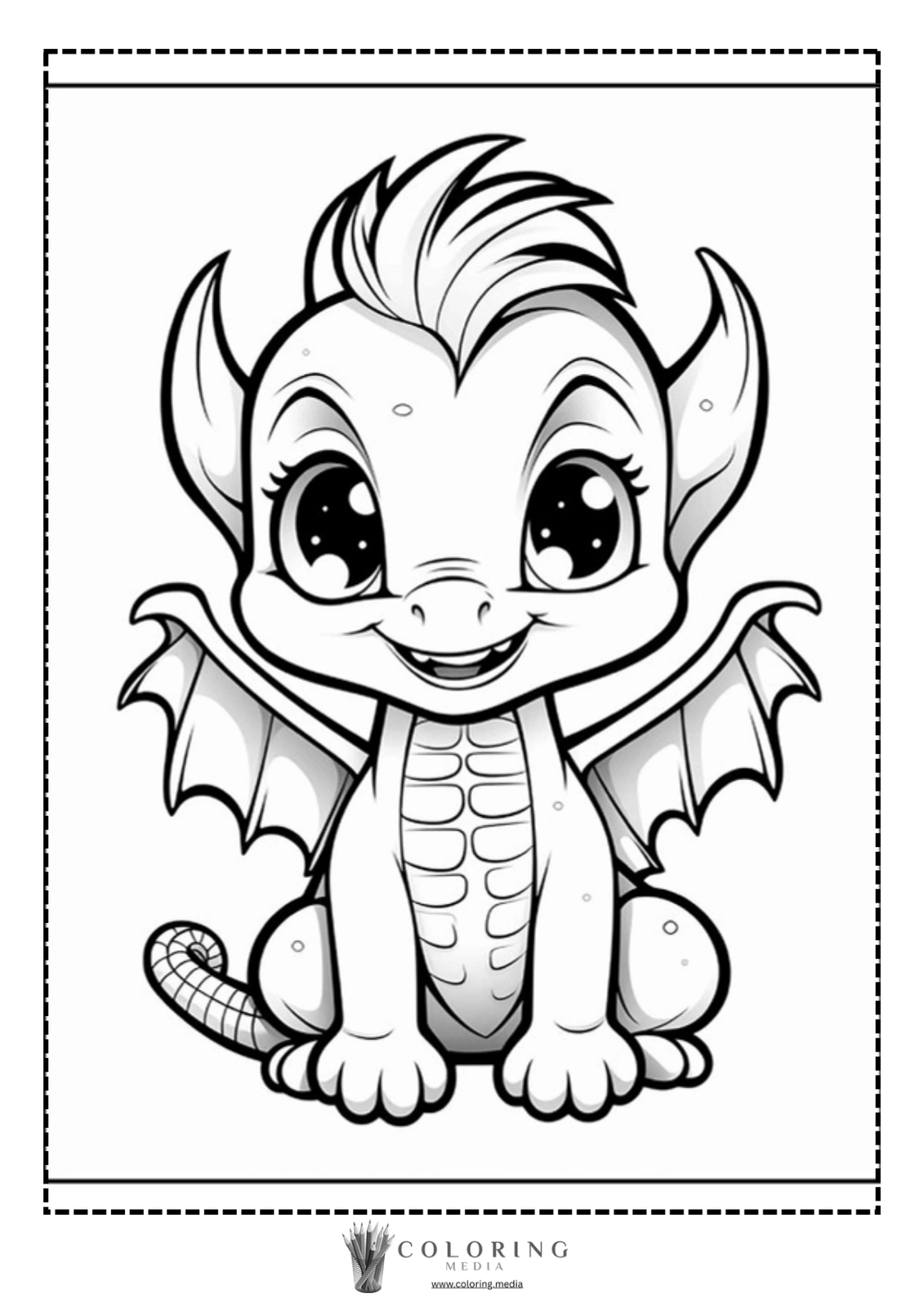 A cute, cartoon dragon with big eyes and wings, smiling happily.