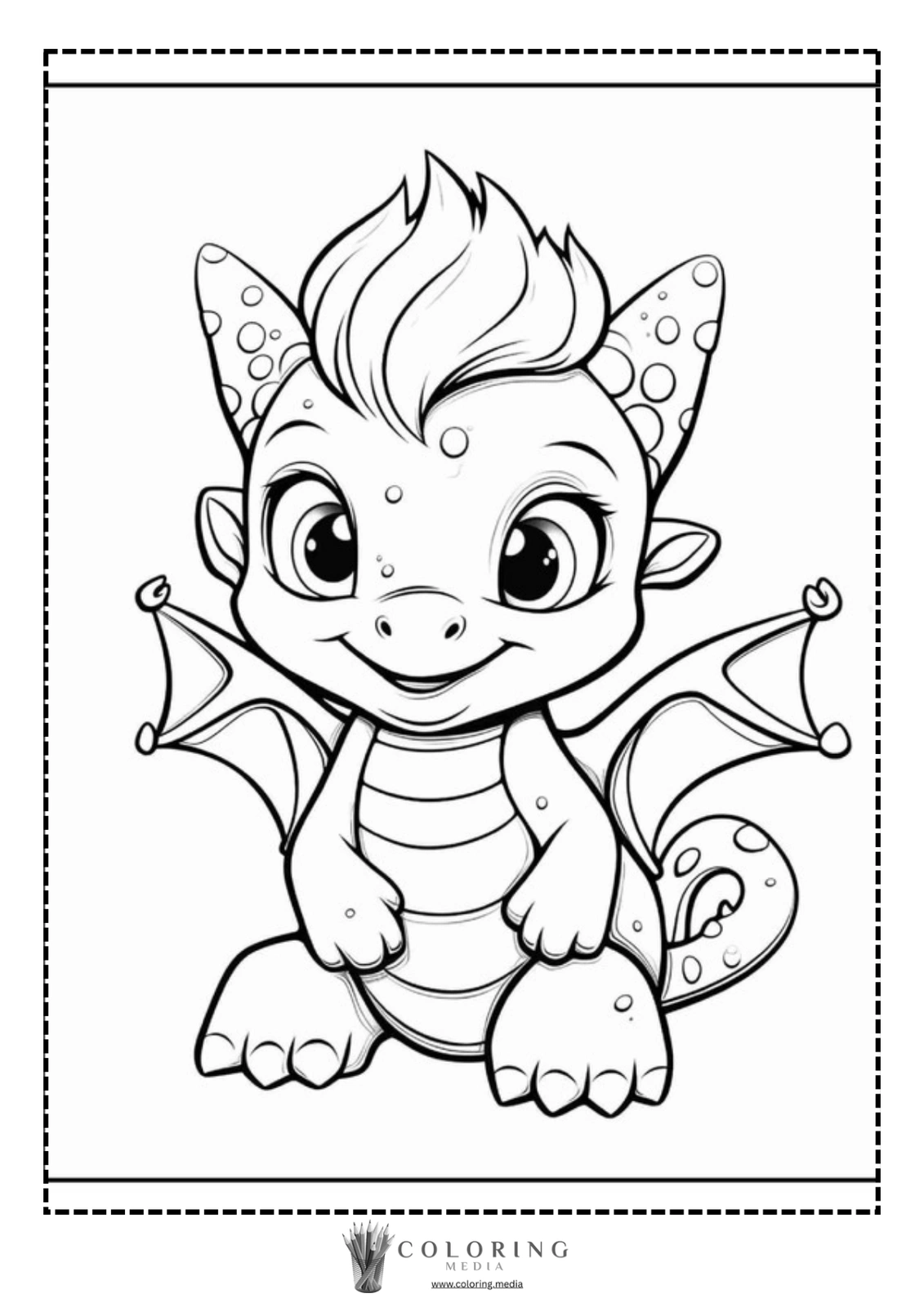 A cute cartoon dragon with big eyes and small wings smiles happily.