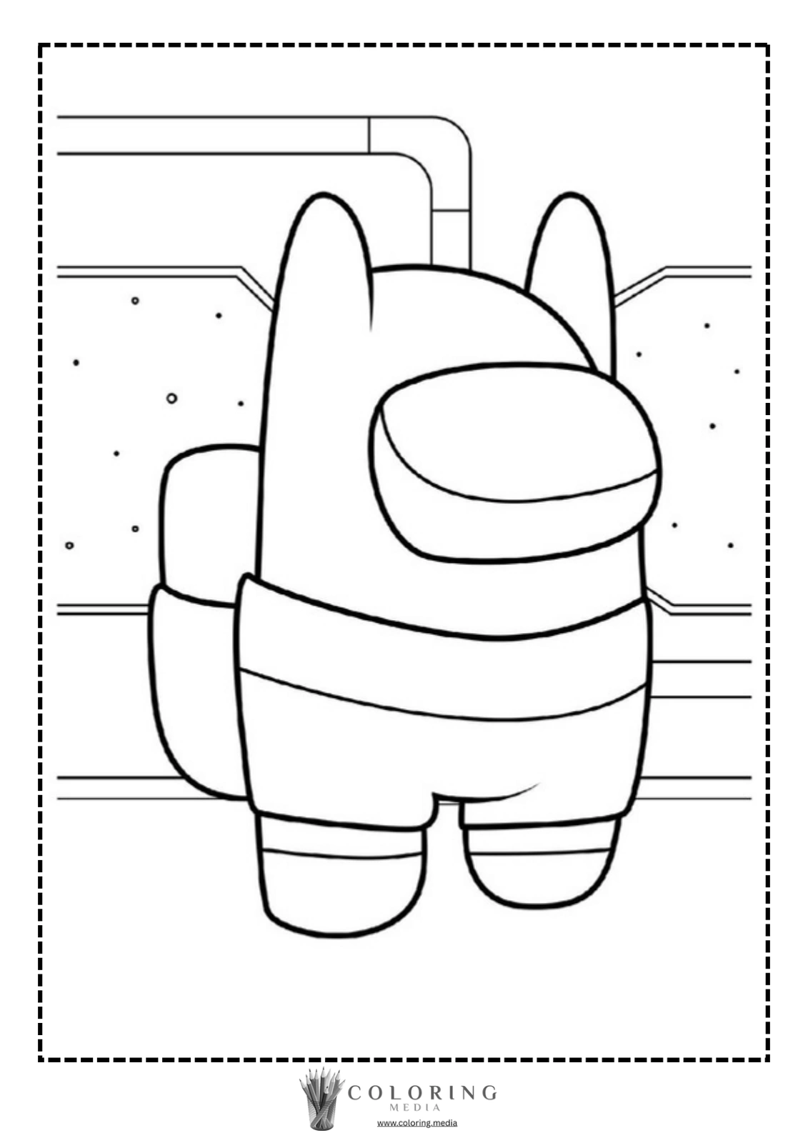 A cartoon character stands in a space-themed environment, ready for coloring.