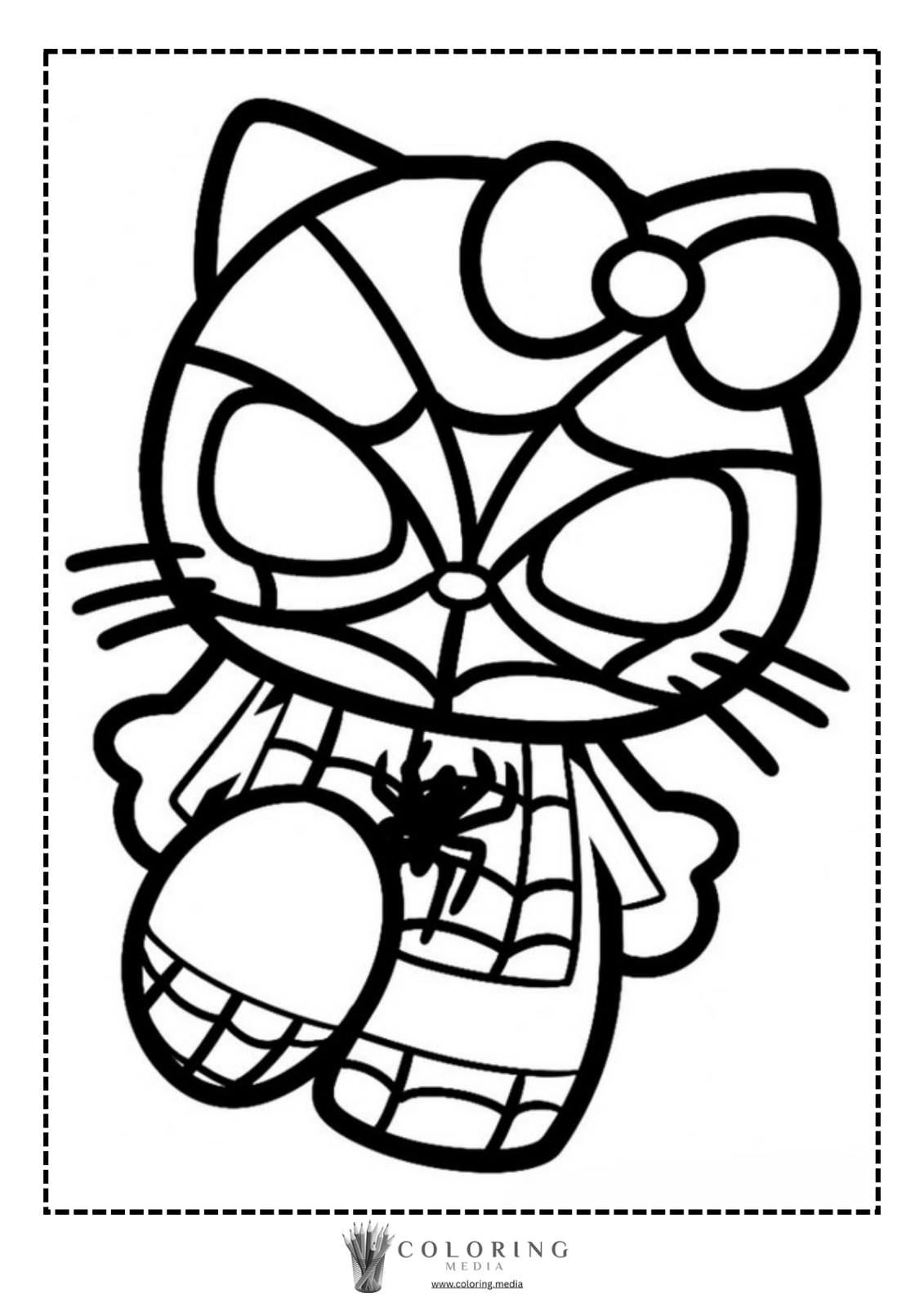 A cartoon cat dressed as Spider-Man holds a small spider.