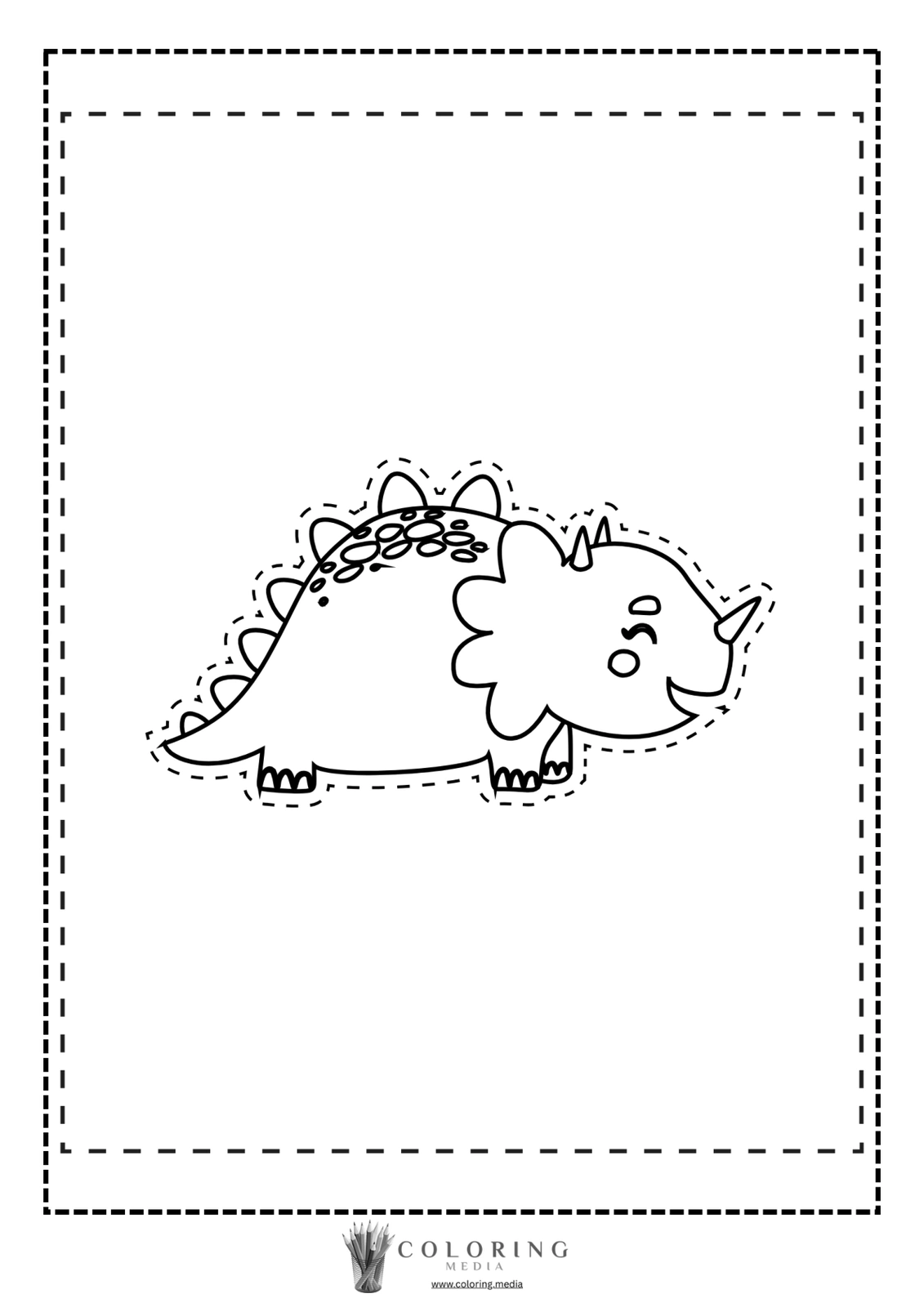 A cute, cartoon-style dinosaur stands in a dotted outline for coloring.