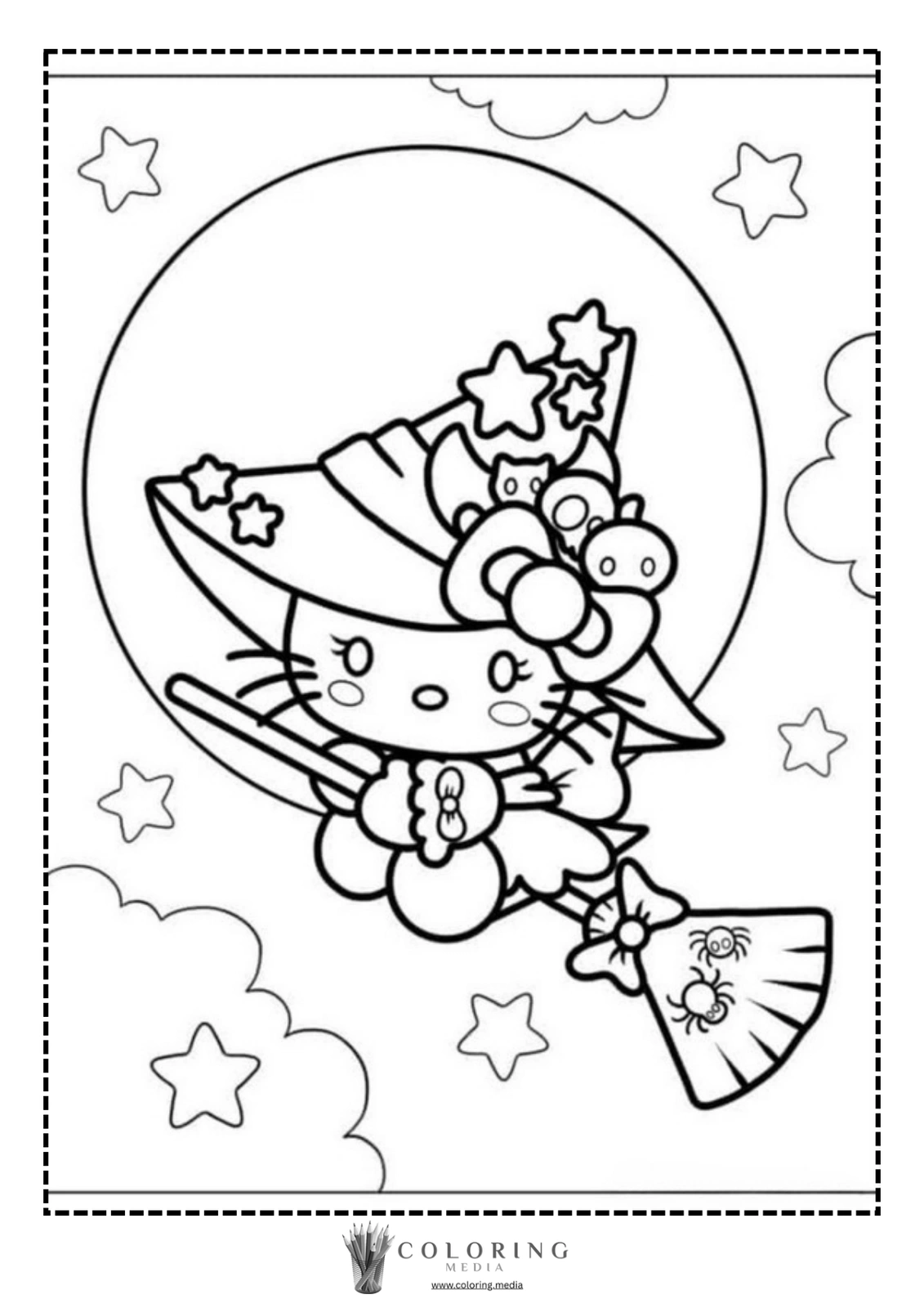 Hello Kitty dressed as a witch, flying on a broomstick among stars and clouds.
