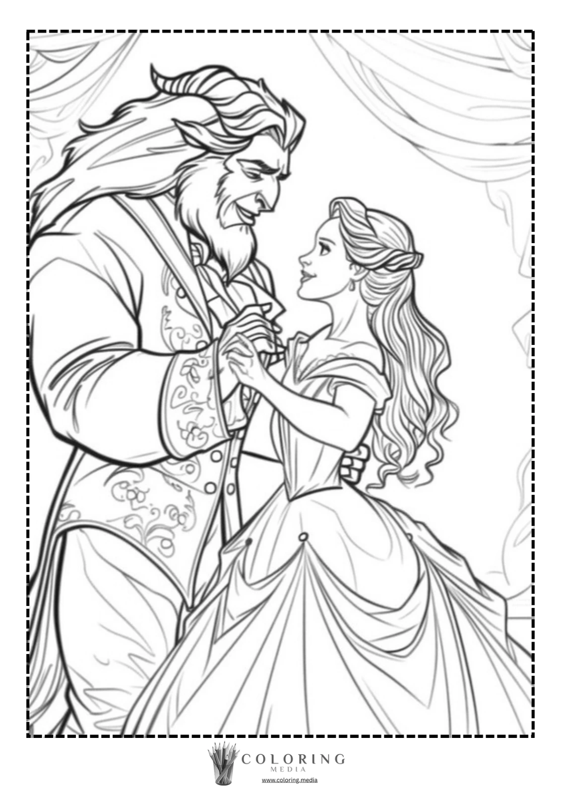 The Beast and Belle share a tender dance, gazing into each other's eyes.