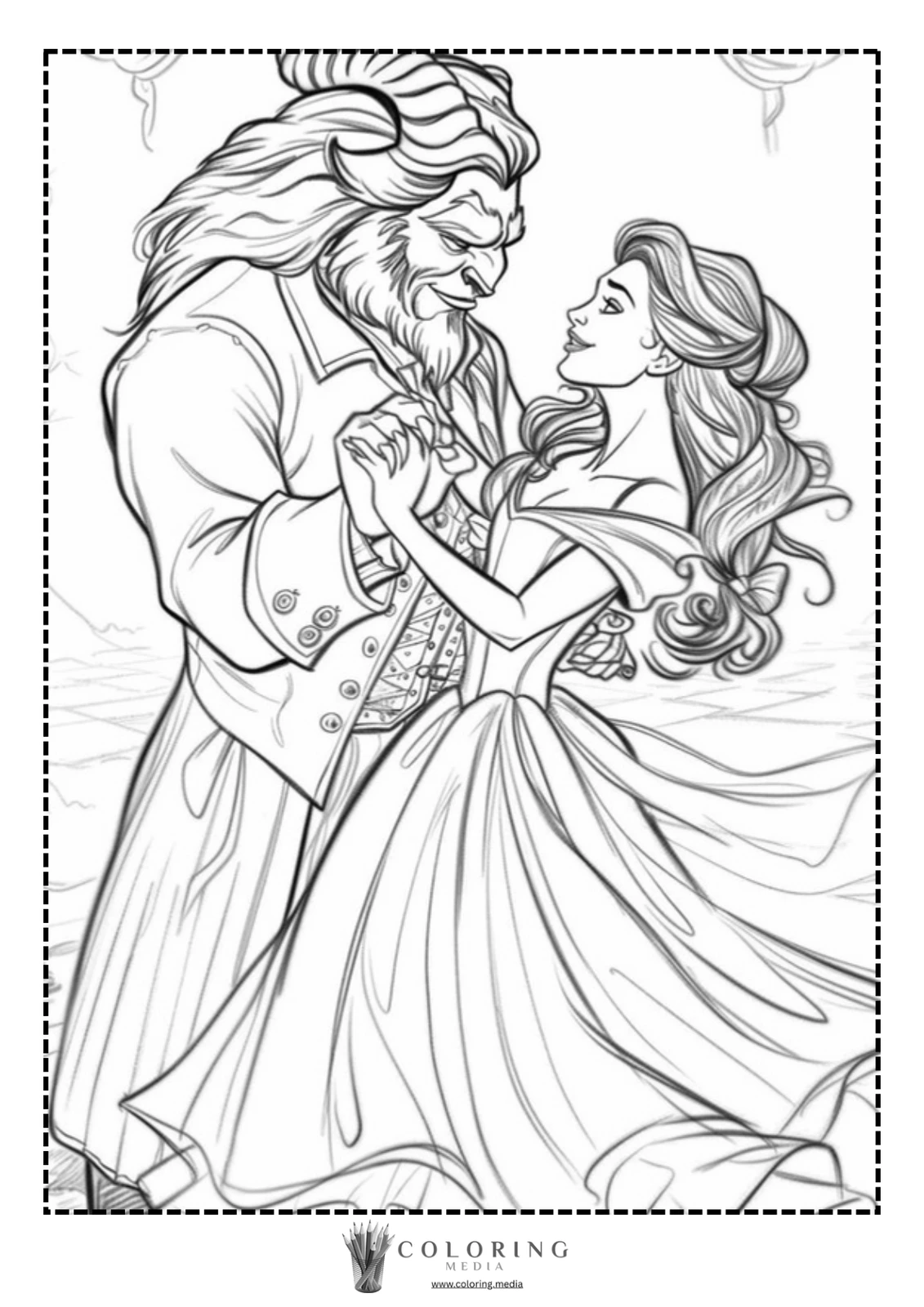 Belle and the Beast dance together, sharing a joyful moment in a magical setting.