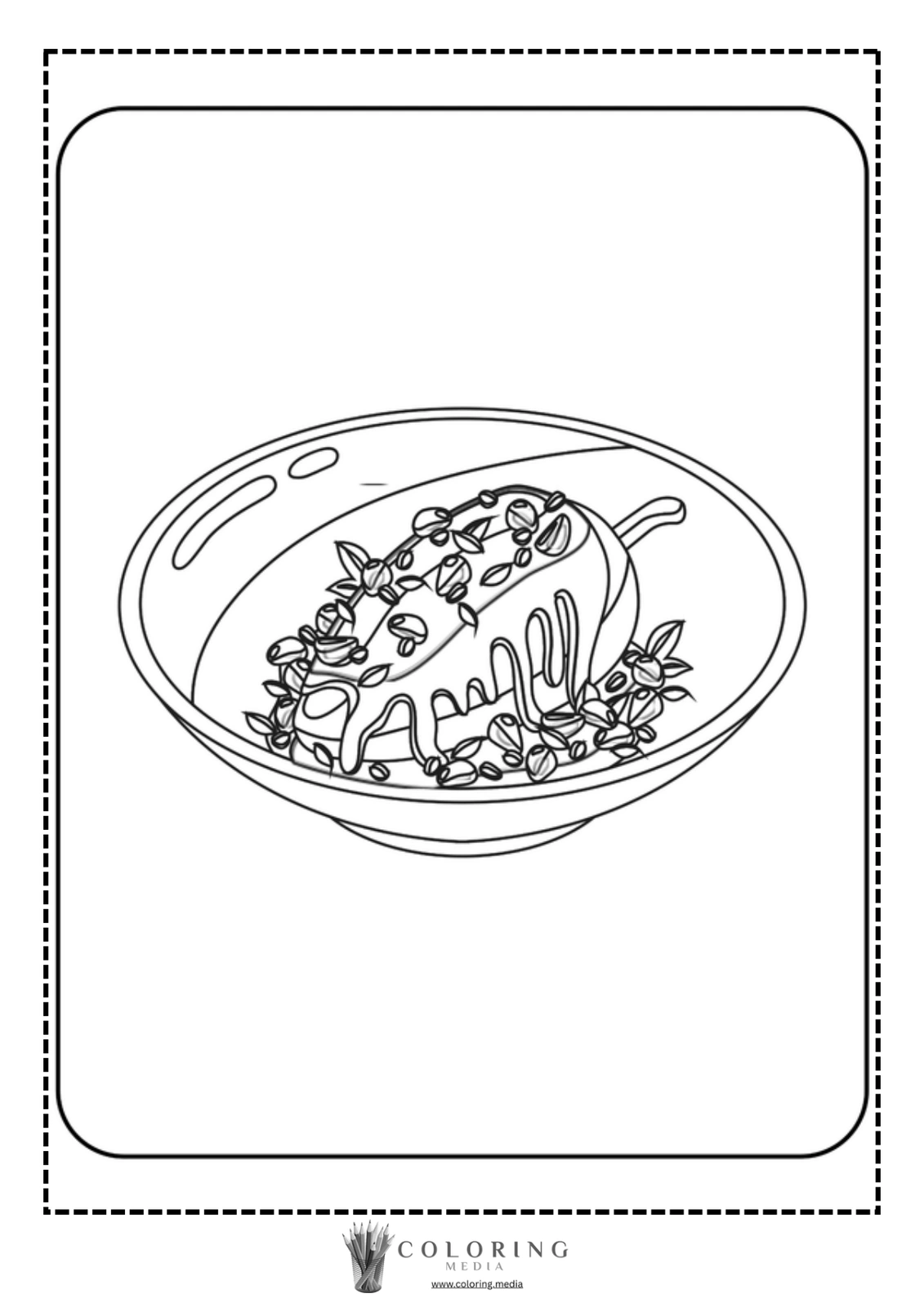 A bowl of food garnished with herbs and drizzled sauce, outlined for coloring.