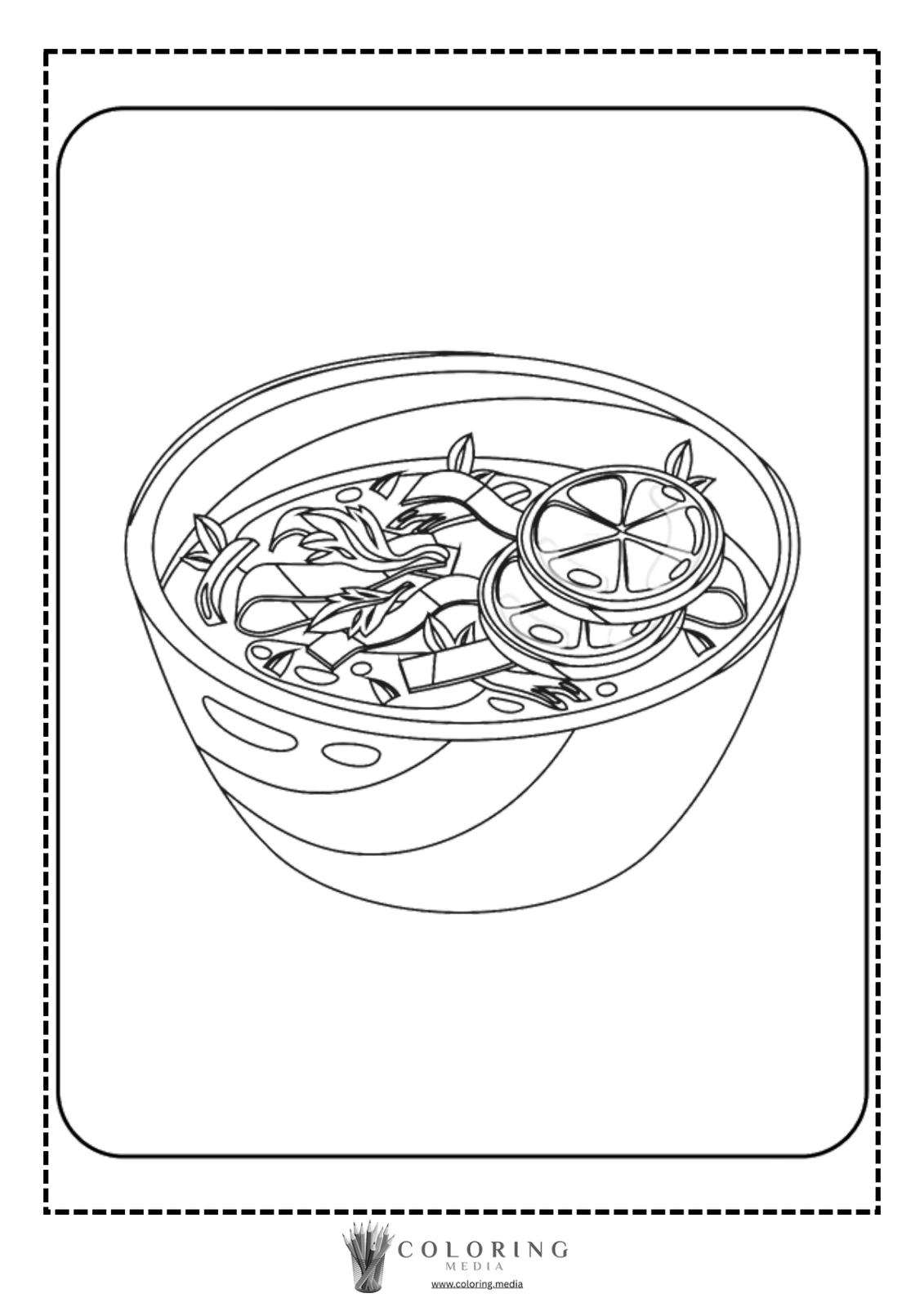 A bowl of soup filled with vegetables and a slice of lime.