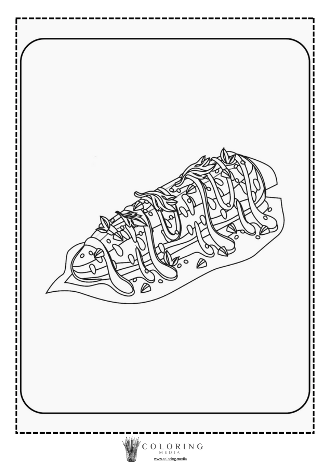 A detailed line drawing of a burrito topped with sauce and garnishes.