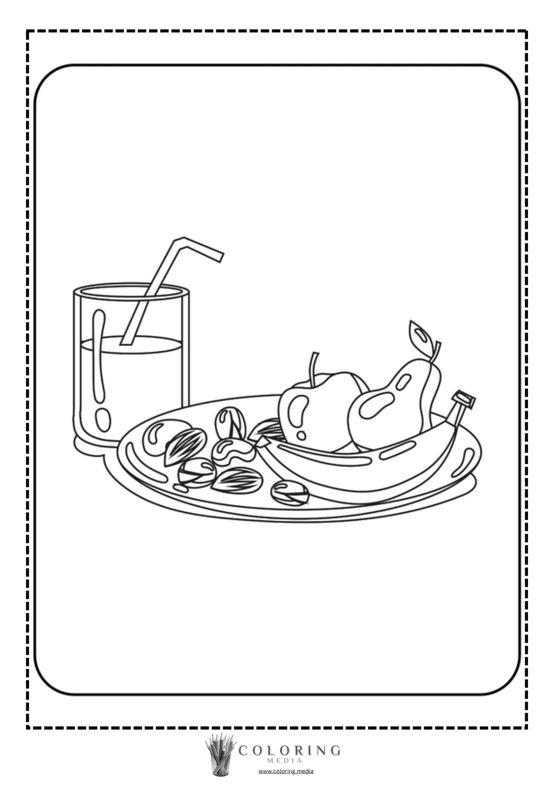 A plate of fruits and nuts beside a glass of juice with a straw.