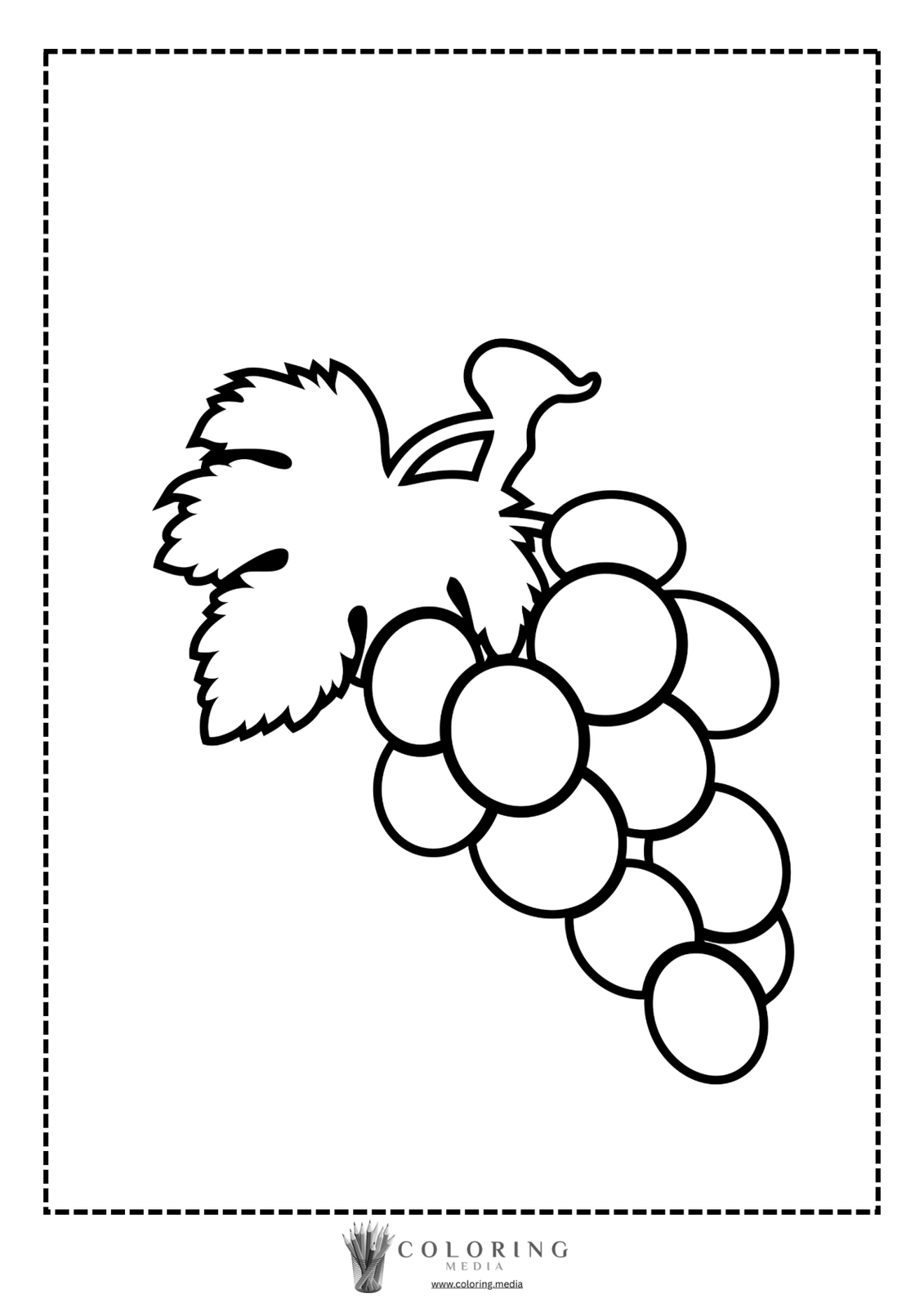 A cluster of grapes with leaves, outlined for coloring.