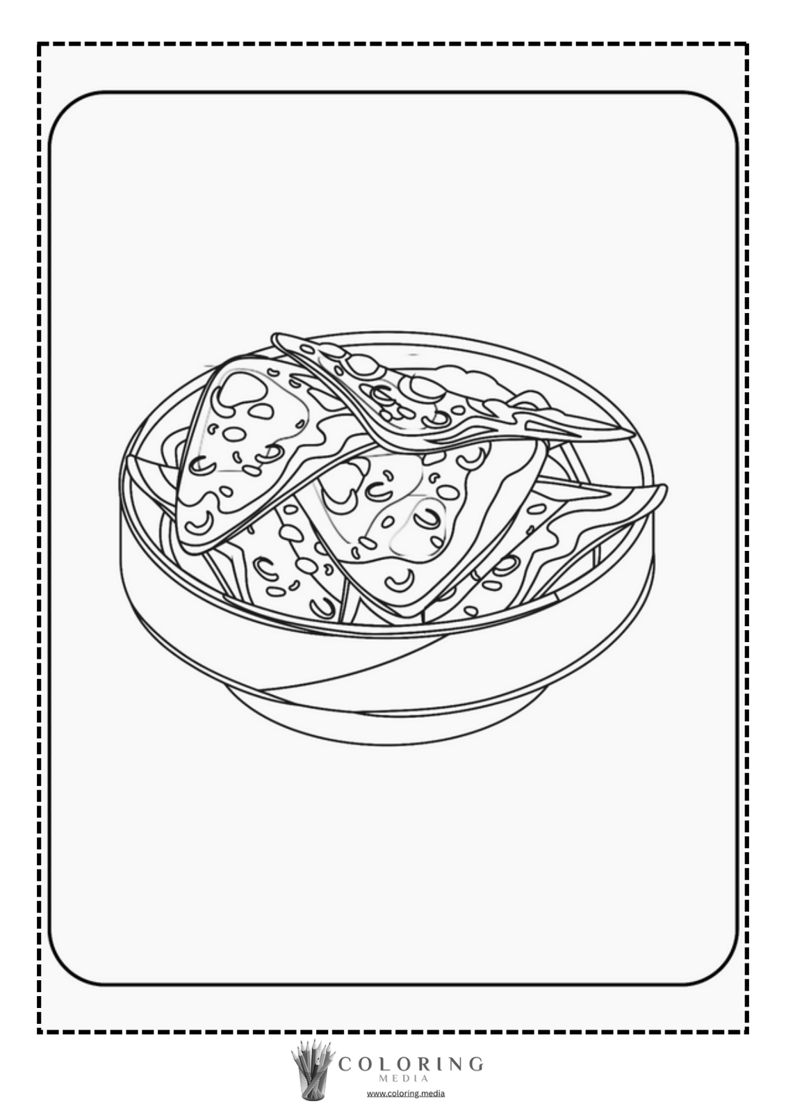 A bowl filled with stacked, triangular nachos ready for coloring.