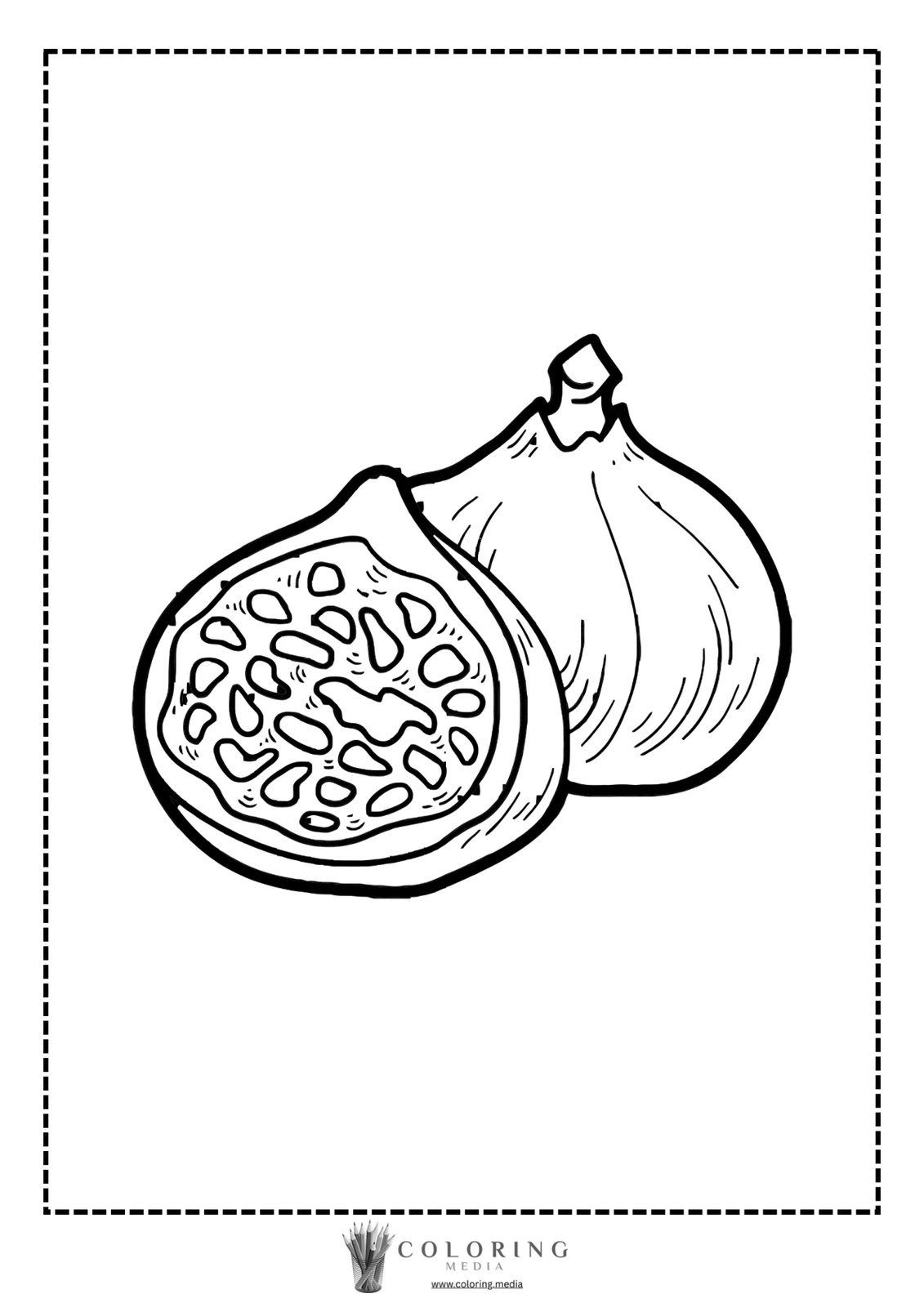 Two figs, one cut in half, showcasing its seeds and interior.