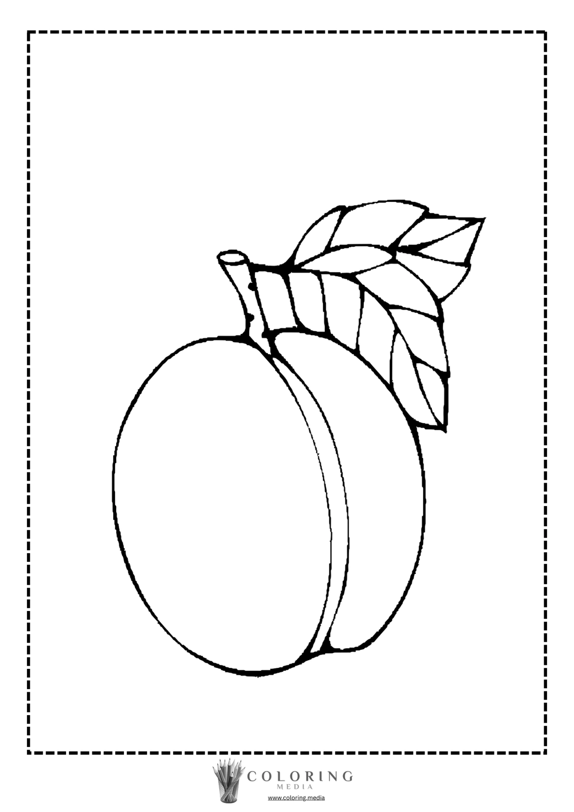 A simple outline of a peach with a leaf, ready for coloring.