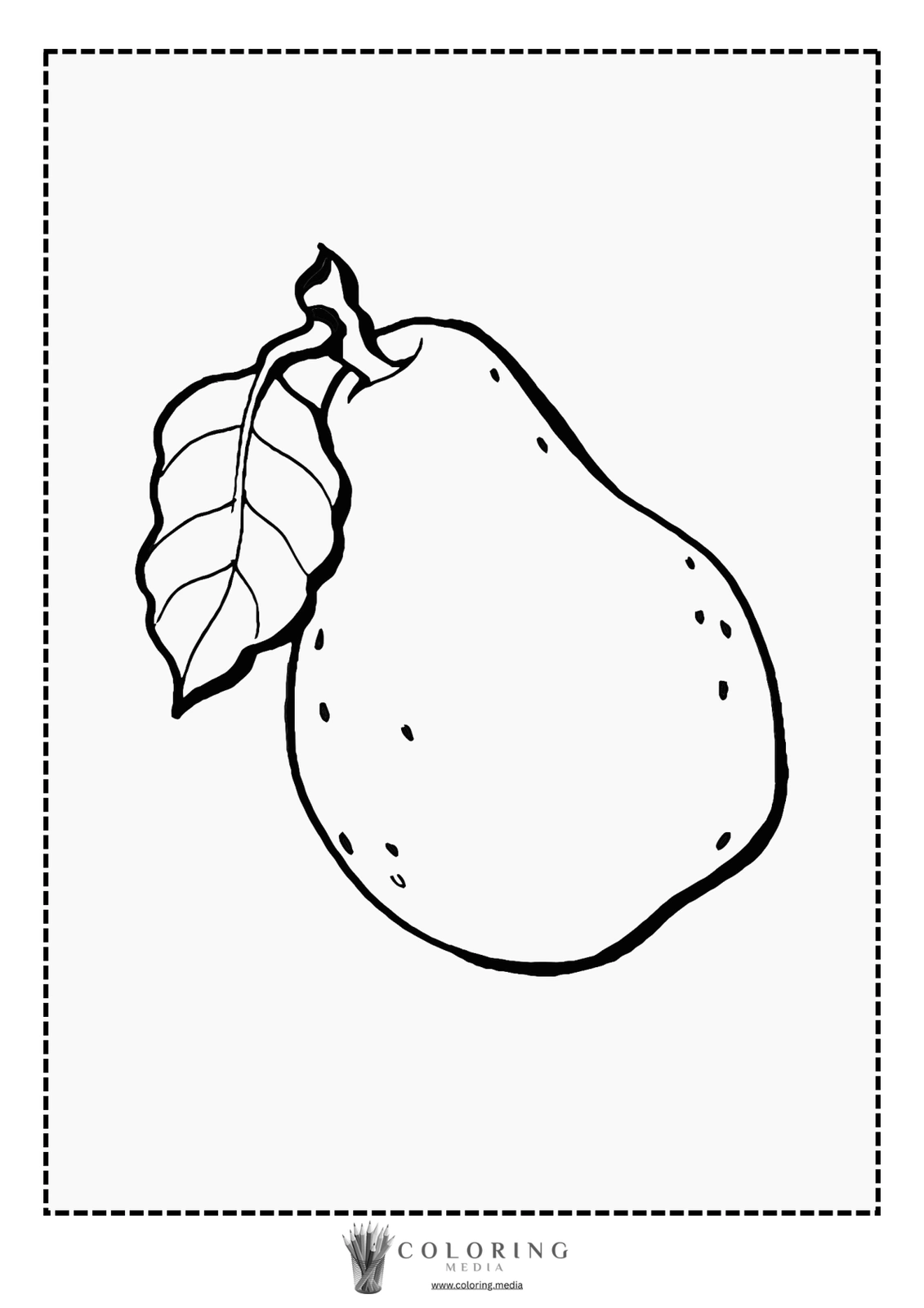 A black and white illustration of a pear with a leaf.