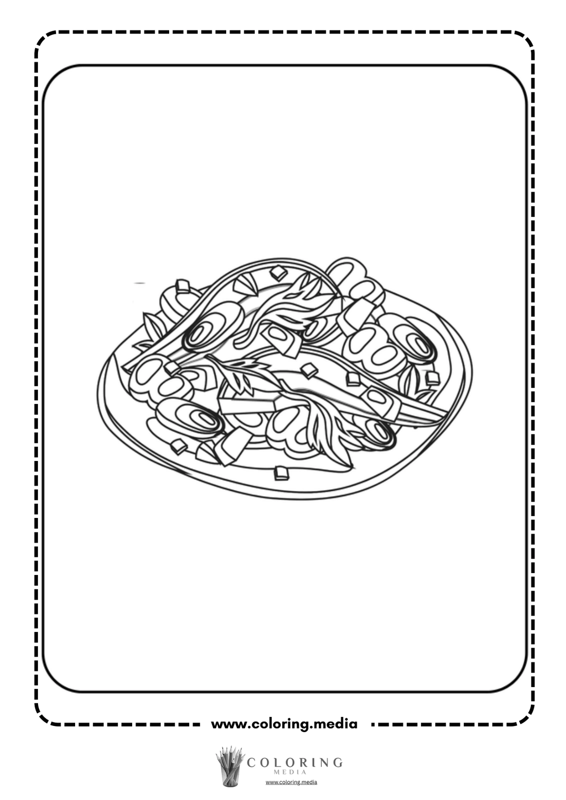 A plate of colorful, stylized vegetables and herbs ready for coloring.