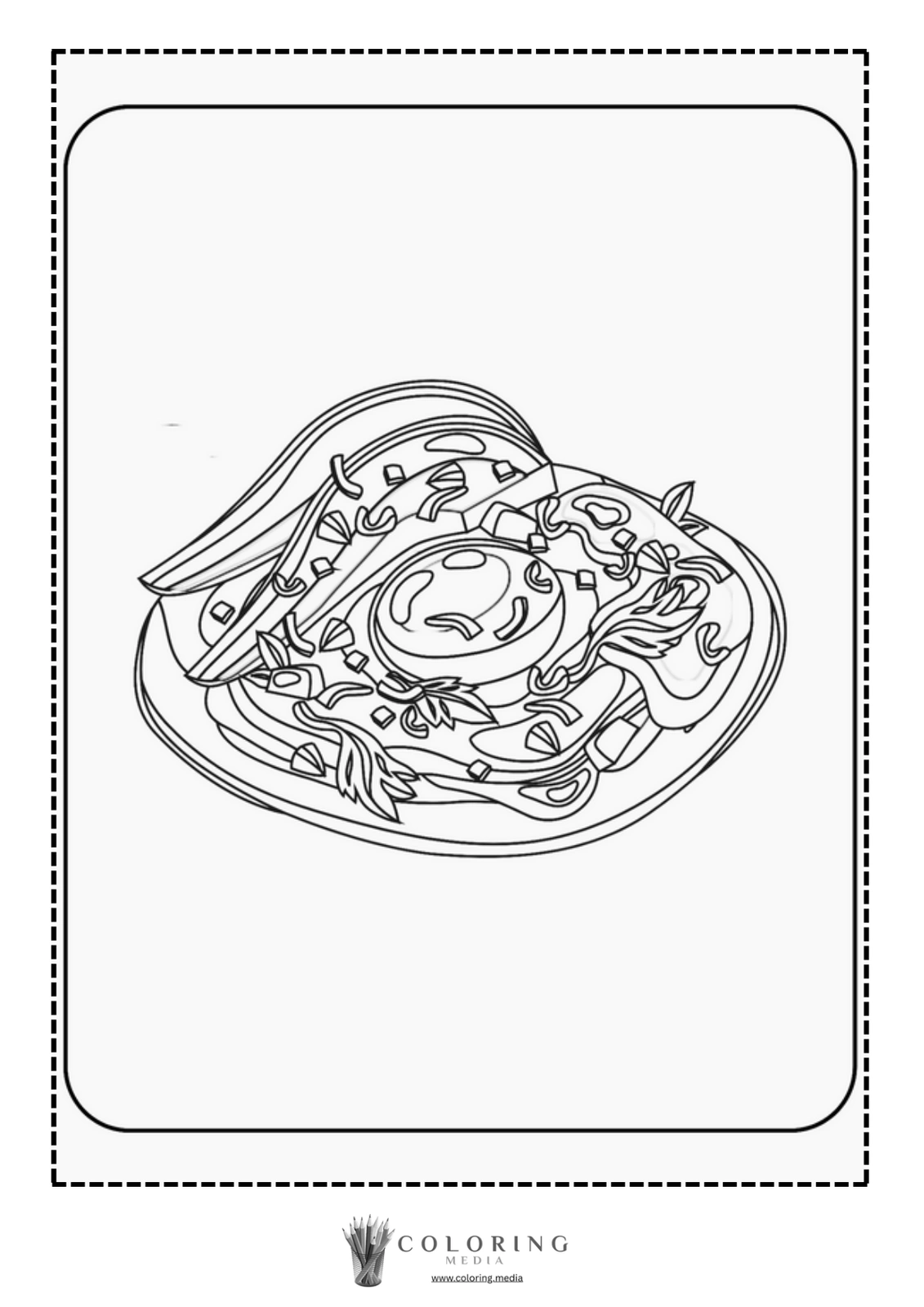 A detailed line drawing of a plate of noodles with vegetables.