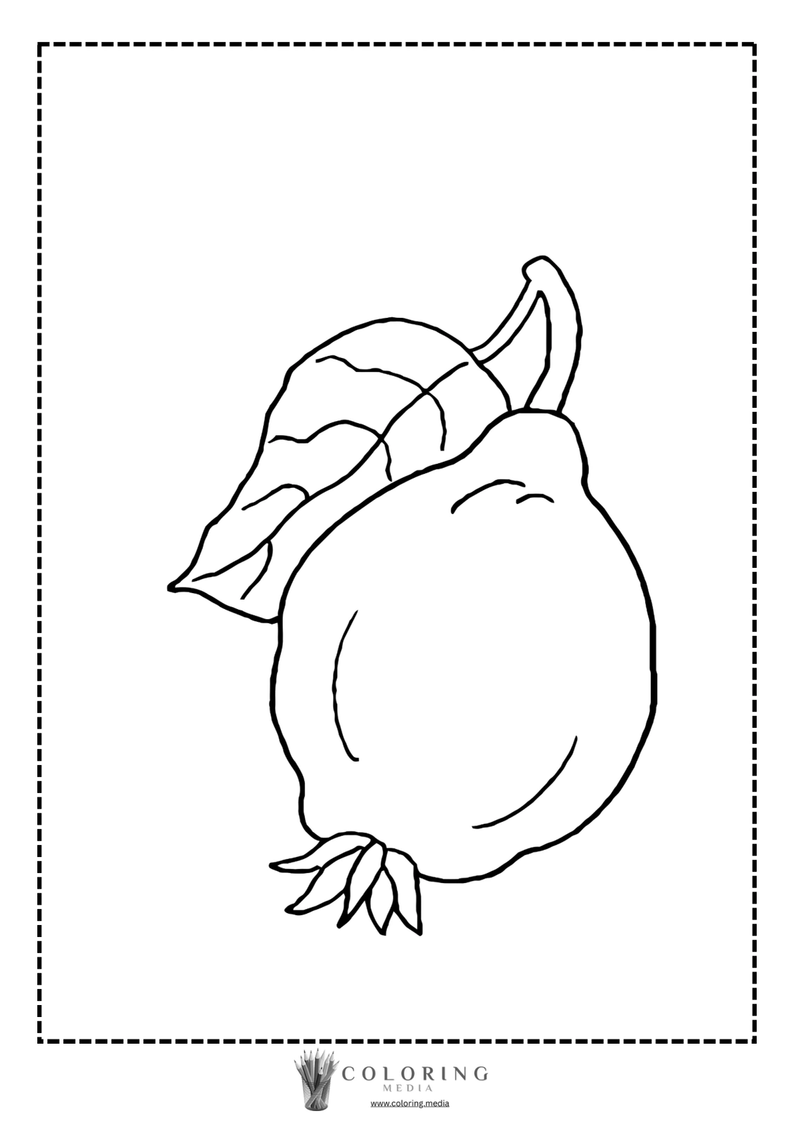 A line drawing of a fruit with a leaf, ready for coloring.
