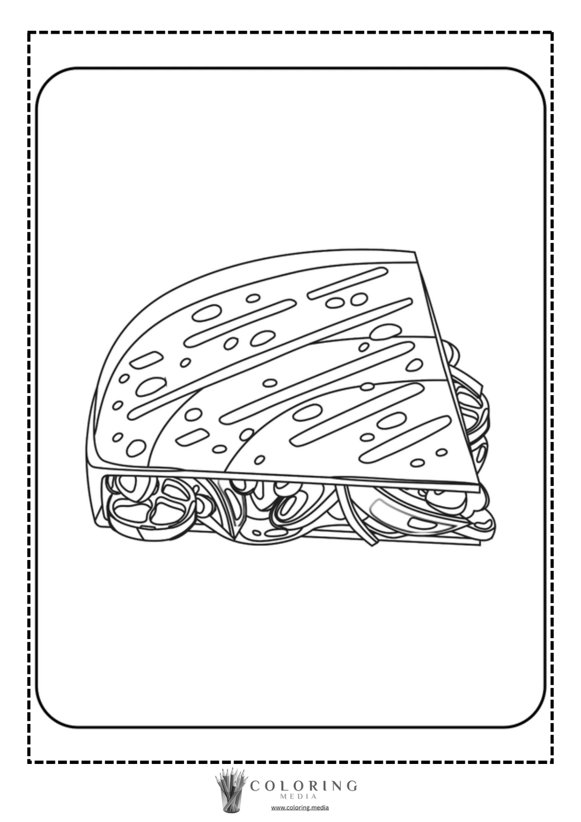 A detailed line drawing of a sandwich with various fillings.