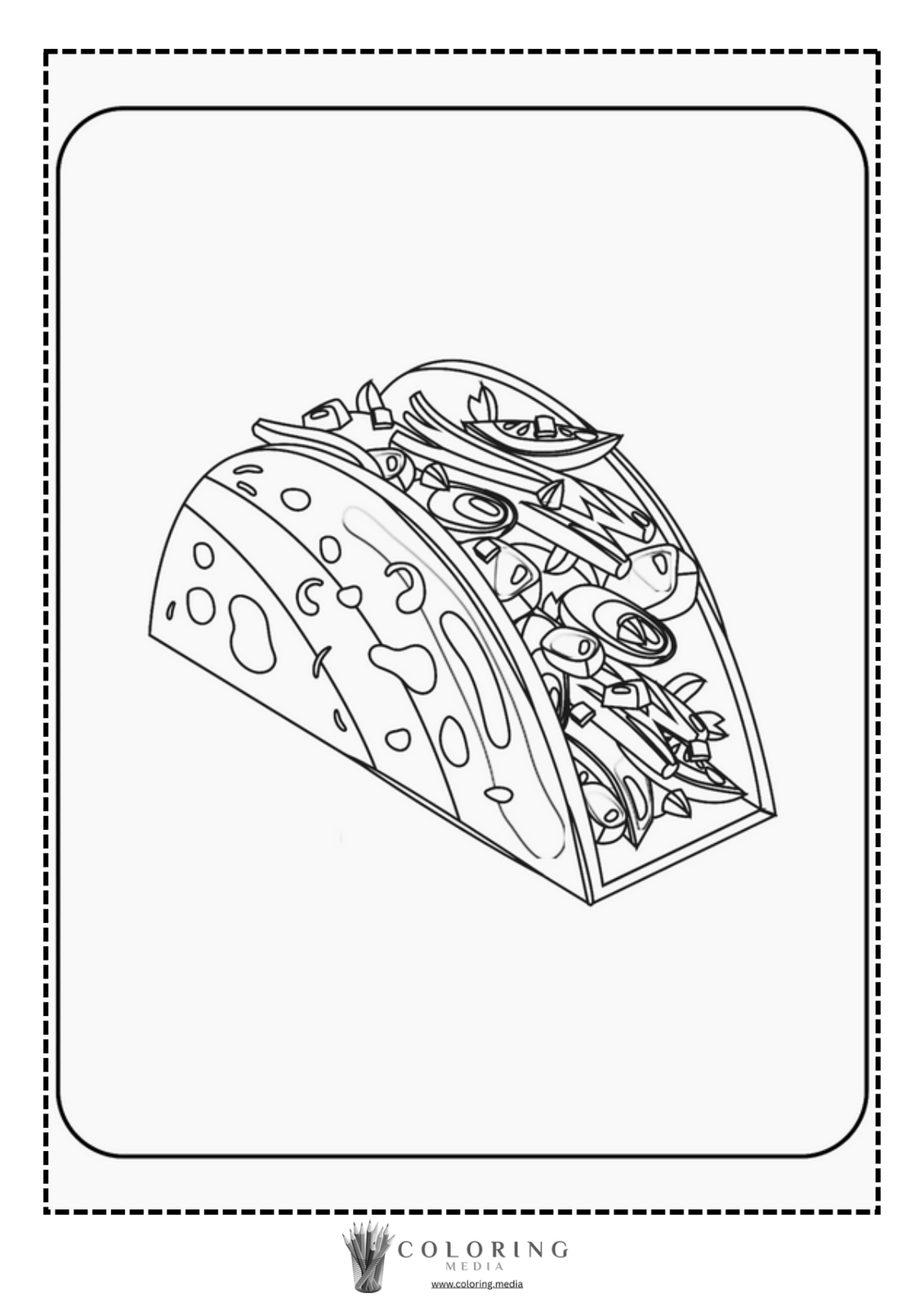 A detailed outline of a taco filled with various toppings.