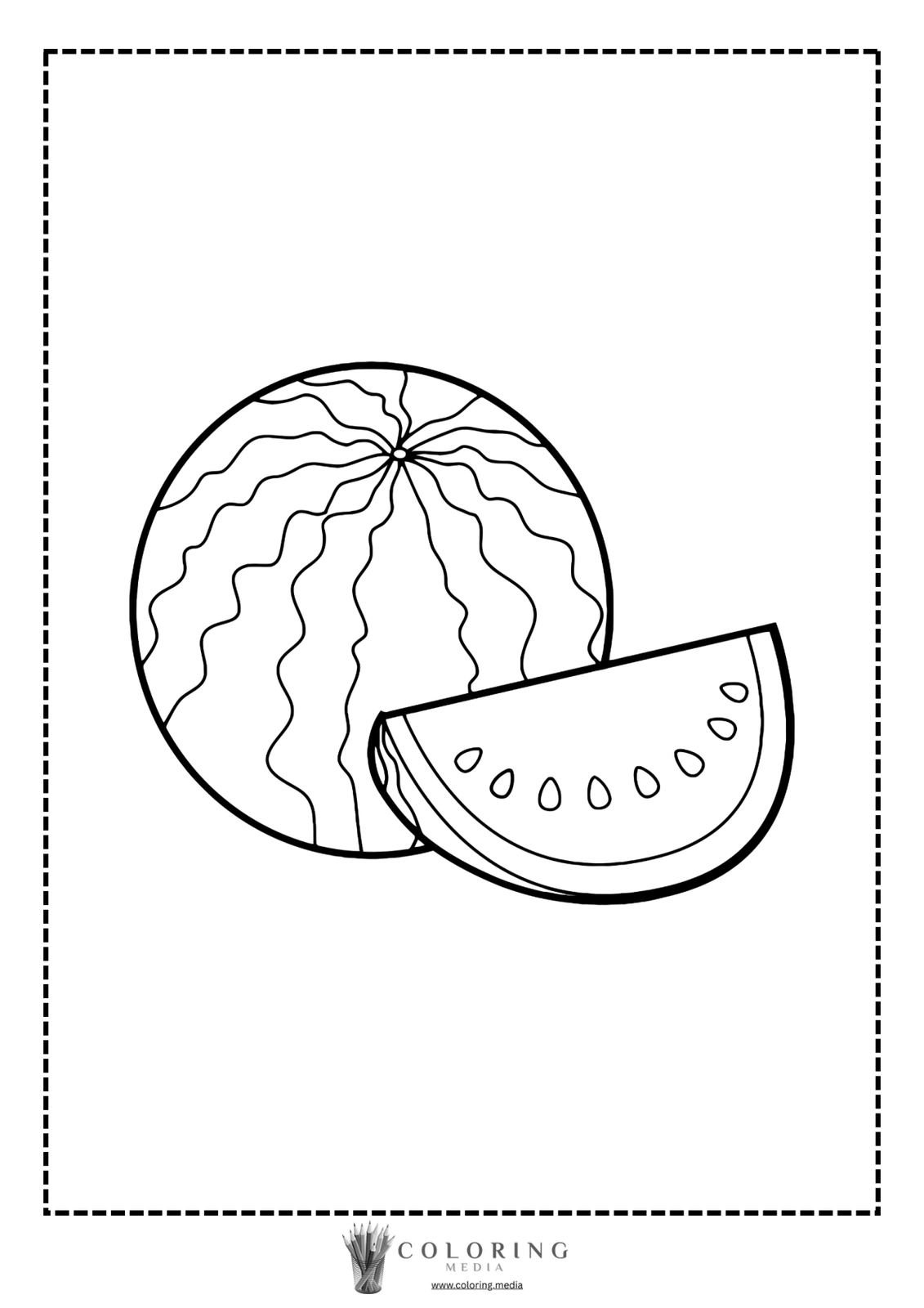 A black and white illustration of a watermelon and a slice.